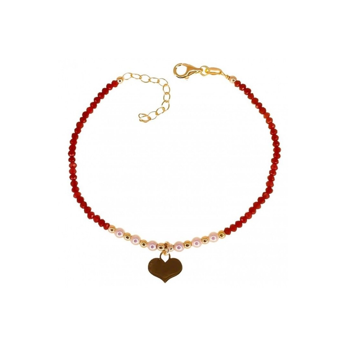 Pulsera plata Ley 925m chapada oro mujer 17 cm. piedras rojas combinadas perlas corazón 10 mm.