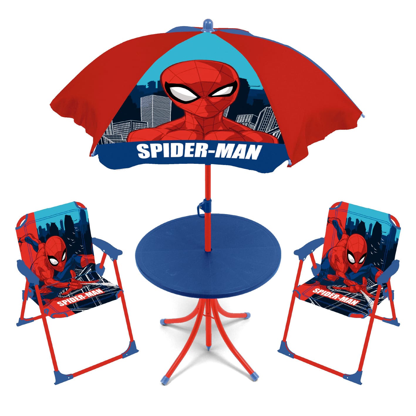 Arditex - Set Mesa Sombrilla Sillas - SET DE MESA (50X50X48CM), 2 SILLAS (38X32X53CM) Y SOMBRILLA (DIÁMETRO 110CM) de Minnie, Patrulla Canina, Mickey, Spiderman tanto para interiores como exteriores