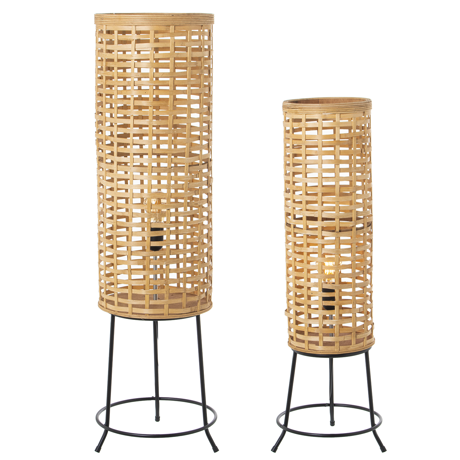 Set 2 lamparas suelo bambu natural con pie metal 1xe27, max.60w 30x98cm y 27x80cm