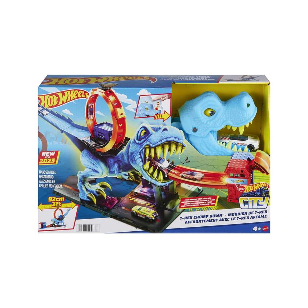 Pista Hot Wheels City Desafío del T-Rex. Incluye lanzador de golpe y vehículo hot wheels. (HKX42)