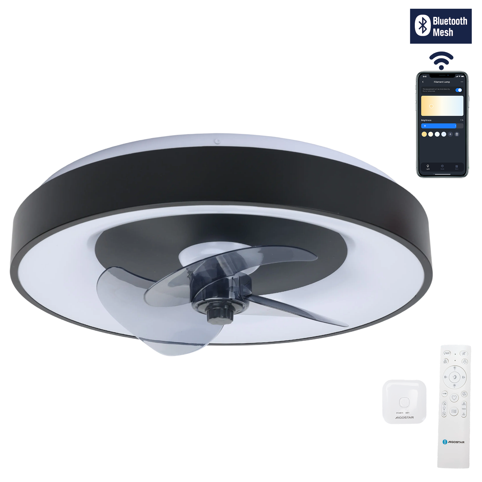 Aigostar- Ventilador Techo Alexa, Luz LED 40W, 4400LM, 2700K-6500K Regulable, Lampara Ventilador Techo Inteligente con Mando a Distancia y Gateway, Silencioso, 6 Velocidades, Diameter 50CM