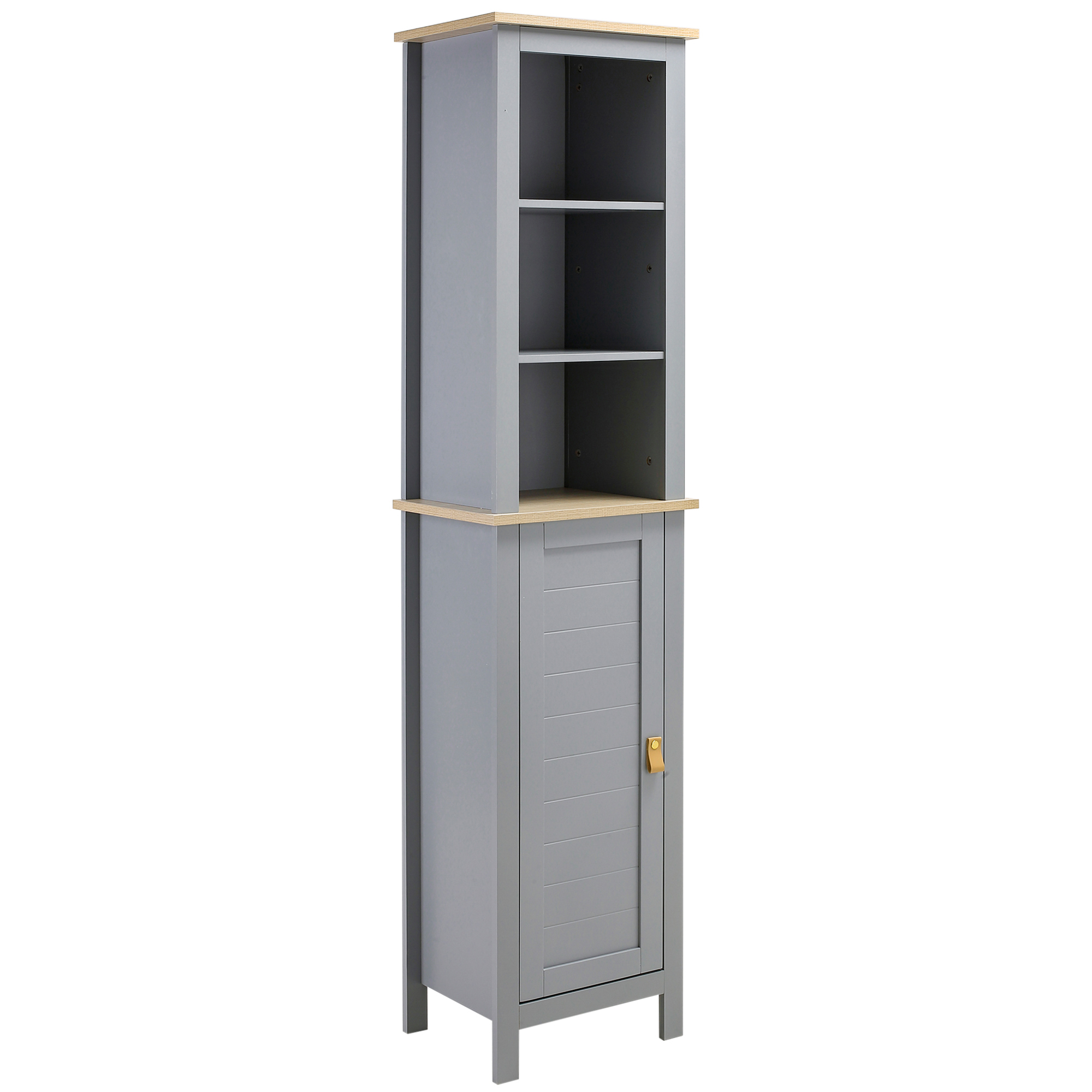 kleankin Armario Alto de Baño Moderno Mueble Columna de Baño con 1 Puerta Estante Ajustable y 3 Compartimentos Abiertos 39x30x168 cm Gris