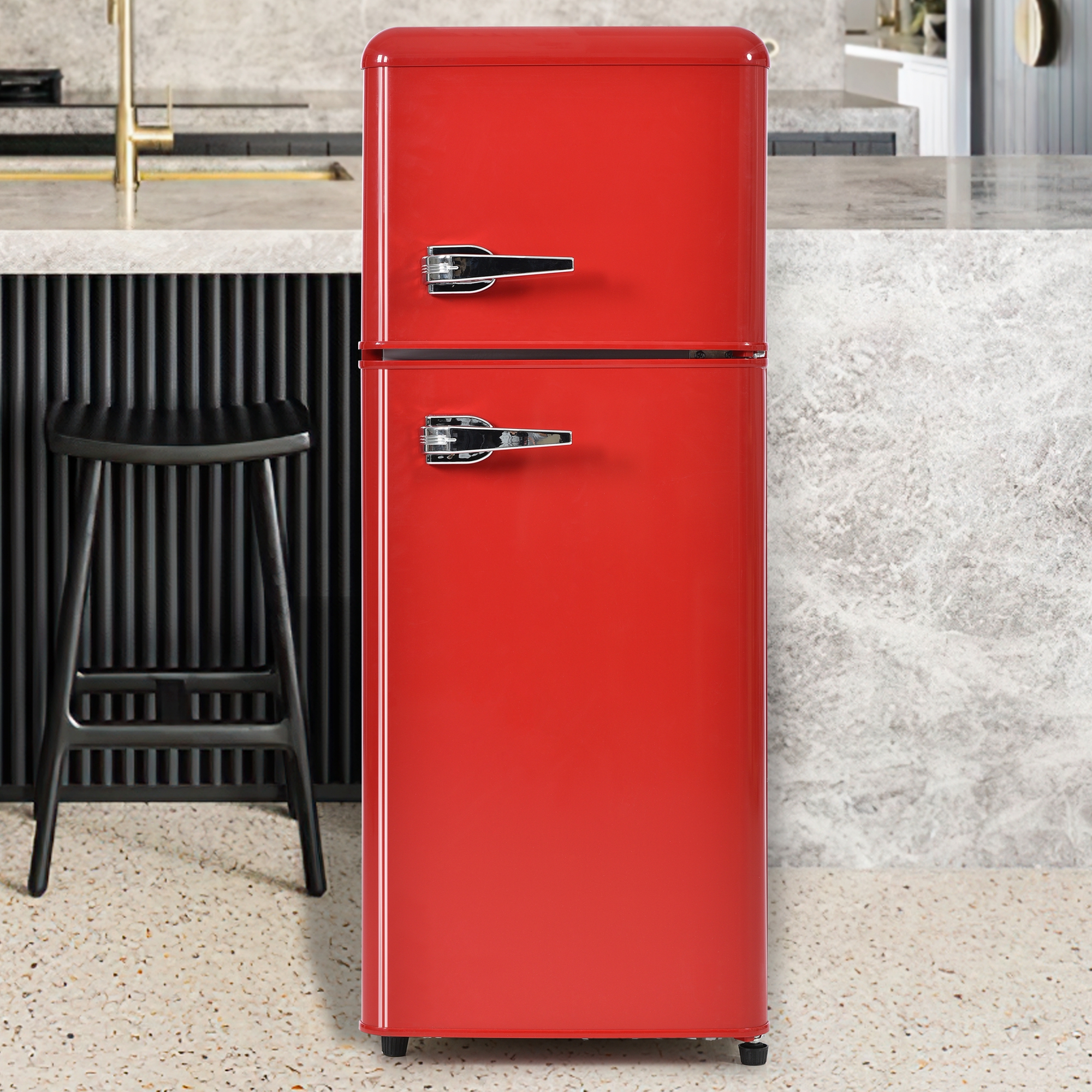 Réfrigérateur rétro rouge 92 L double porte avec congélateur, éclairage LED et clayettes en verre