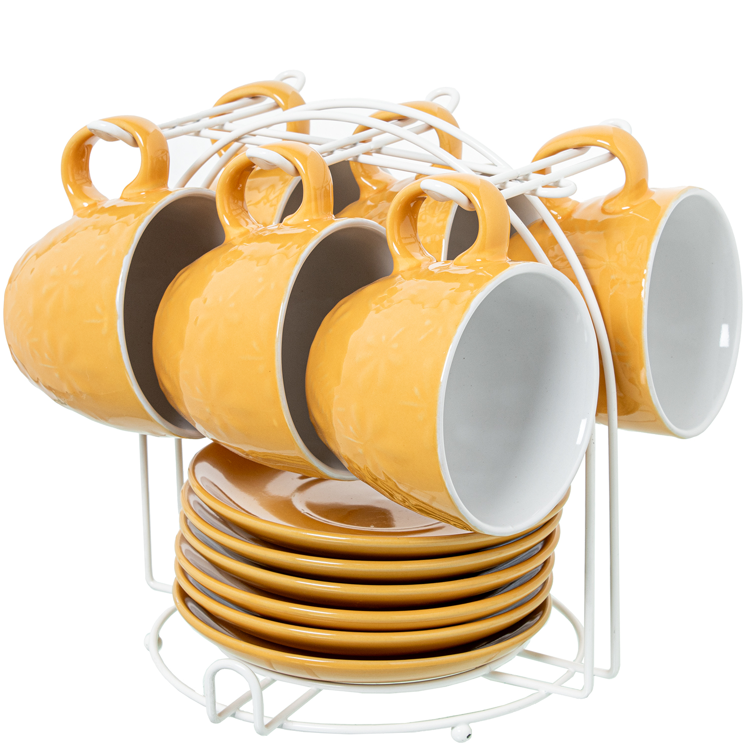 Set 6 tazas te con plato ceramica amarilla con soporte metal bla taza: 207ml 9x8cm plato: 14cm