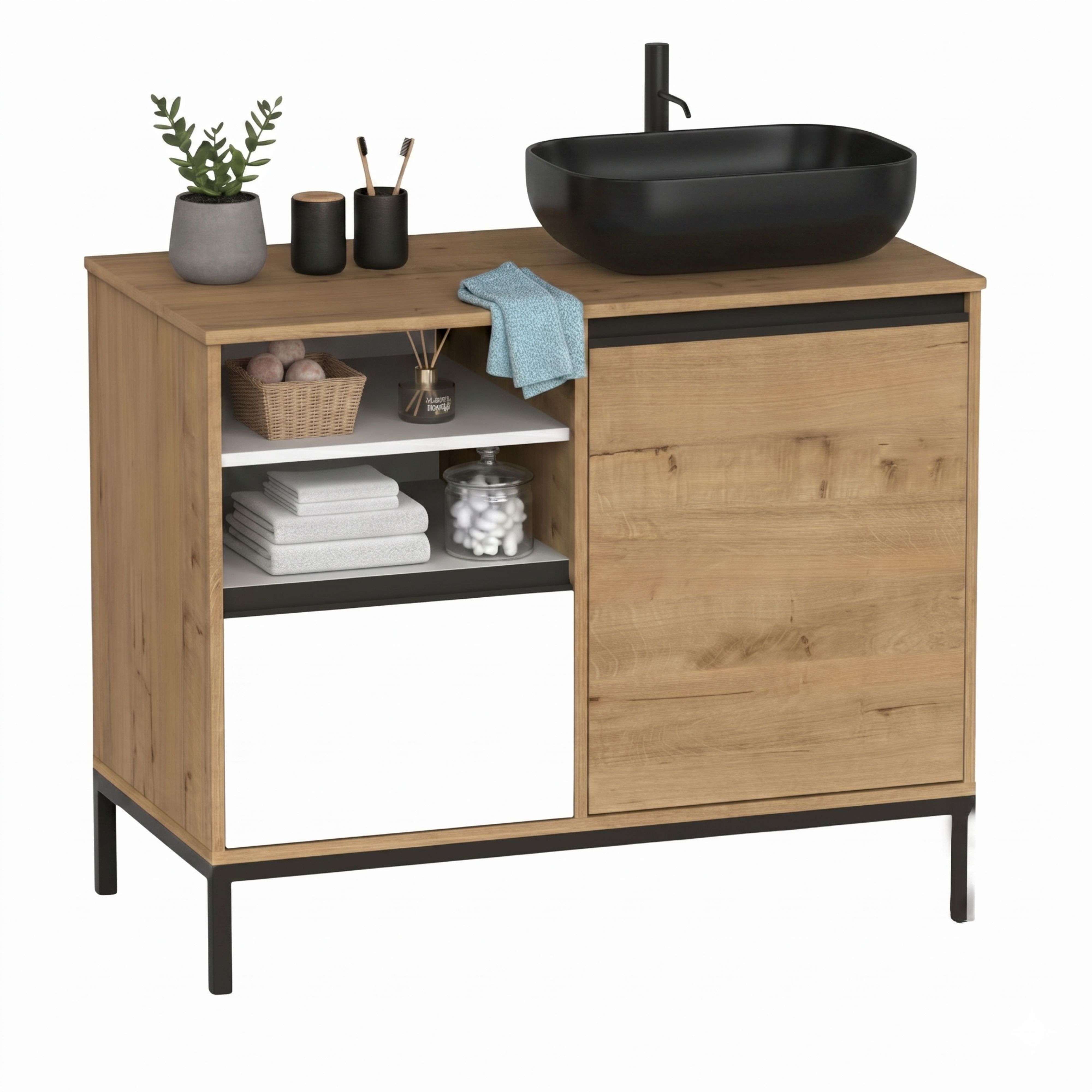 Miroytengo Mueble de Baño 100 cm Támesis con Patas Roble Gold y Blanco Mate (Con Lavabo Cerámico)