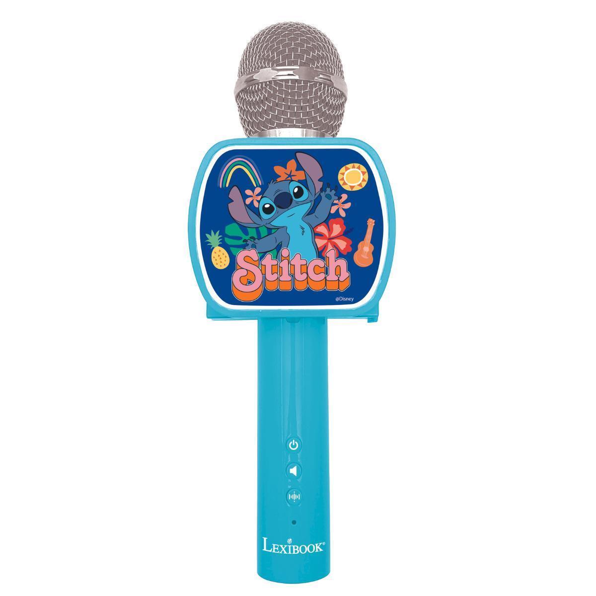 LEXIBOOK - Micrófono inalámbrico de Stitch con altavoz, cambiador de voz, soporte retráctil para teléfono y opción Bluetooth.