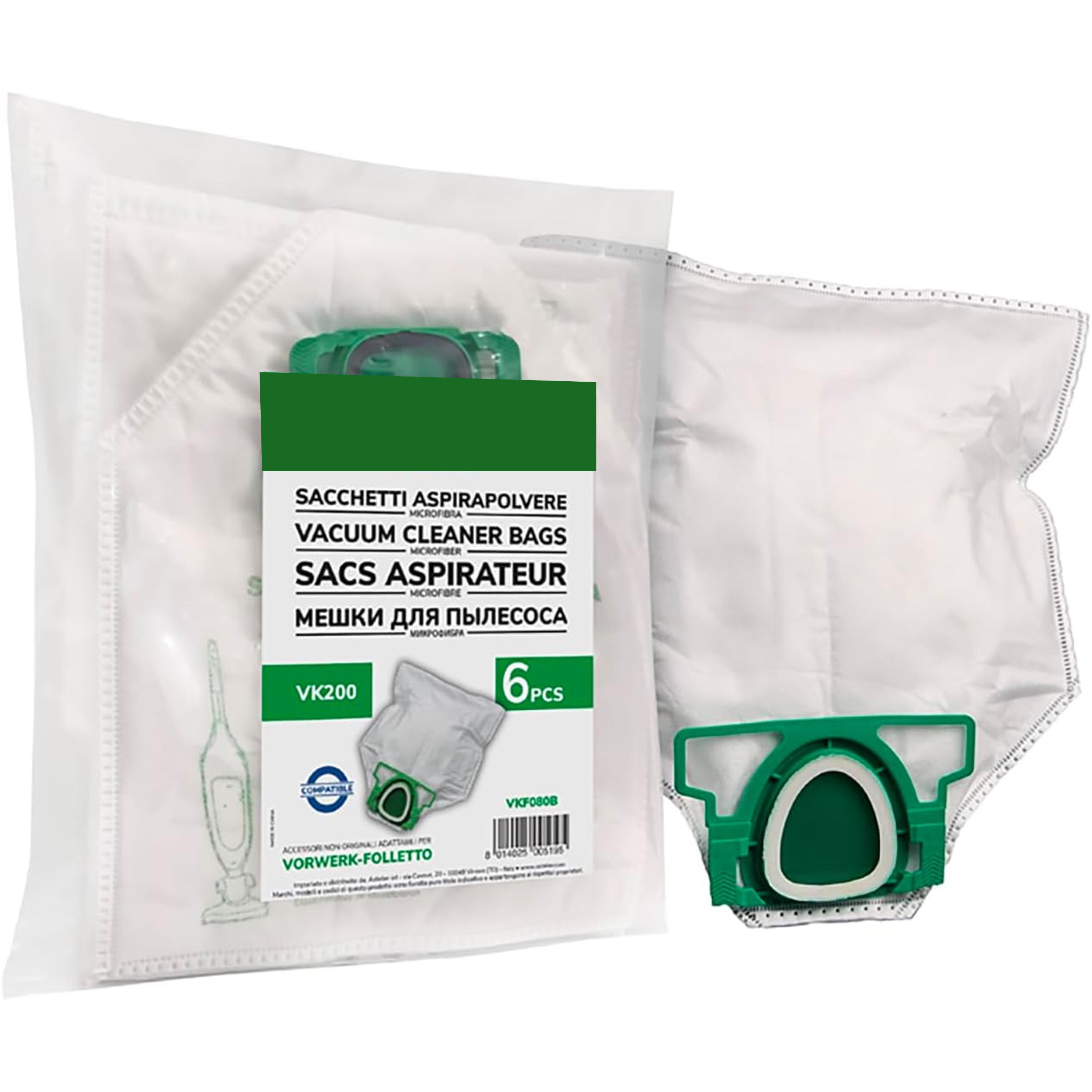 Pack de 6 Bolsas de Microfibra Compatibles con Aspiradoras Folletto VK200 y VK220 | Filtración Eficaz, Alta Resistencia y Sustitución Fácil