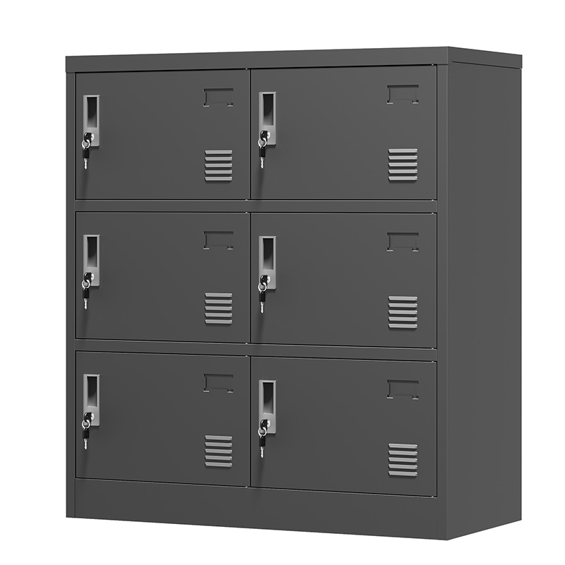 Armoire vestiaire métallique noire à 6 portes avec serrures individuelles, aérations et porte-étiquettes