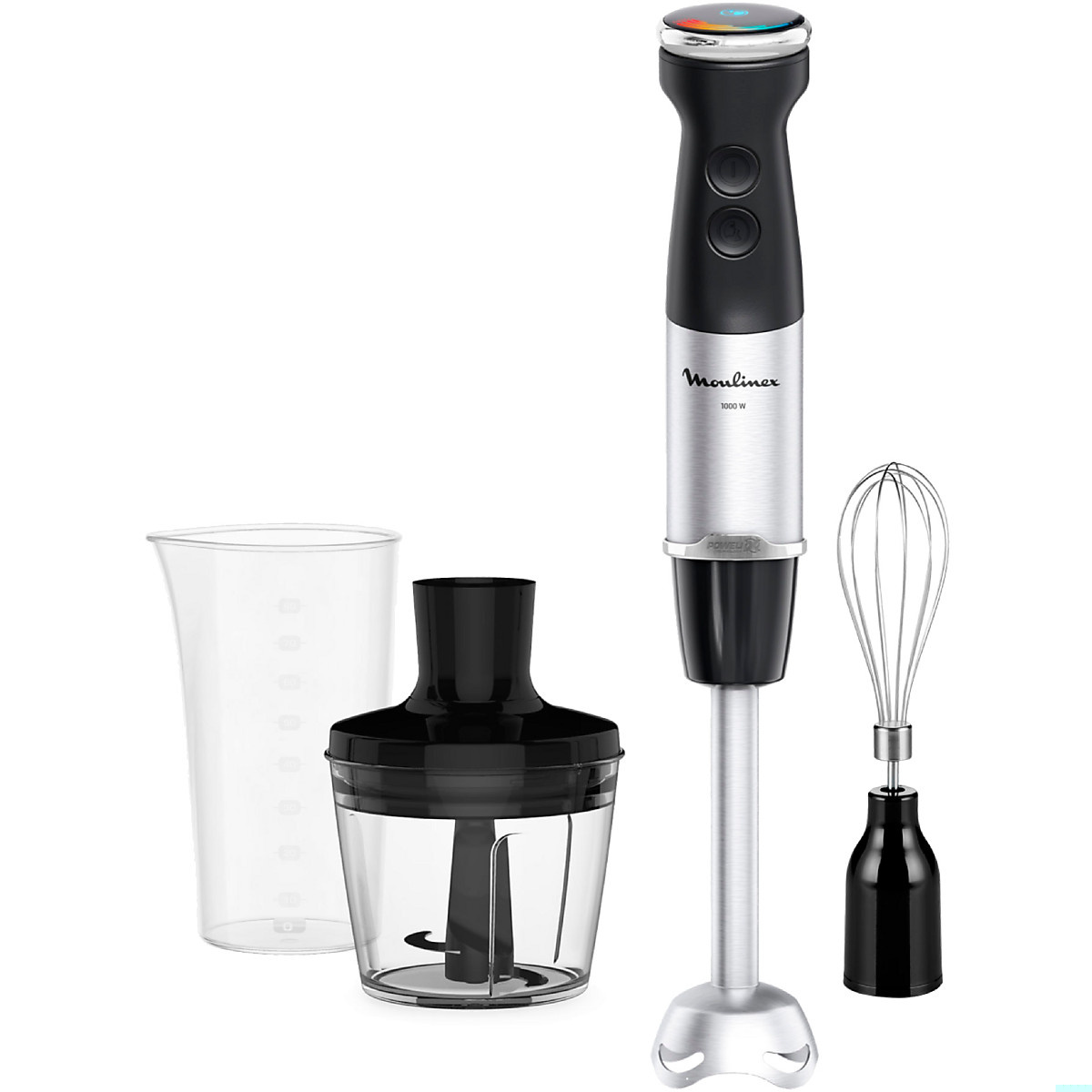 Batidora de mano Moulinex Quickchef+ DD6738, 1000 W, 20 Velocidades, Modo Silencioso, Cuchillas con Tecnología Powelix, Piezas Aptas Lavavajillas, Vaso 800ml, Picador 500ml, Varilla, Color Negro