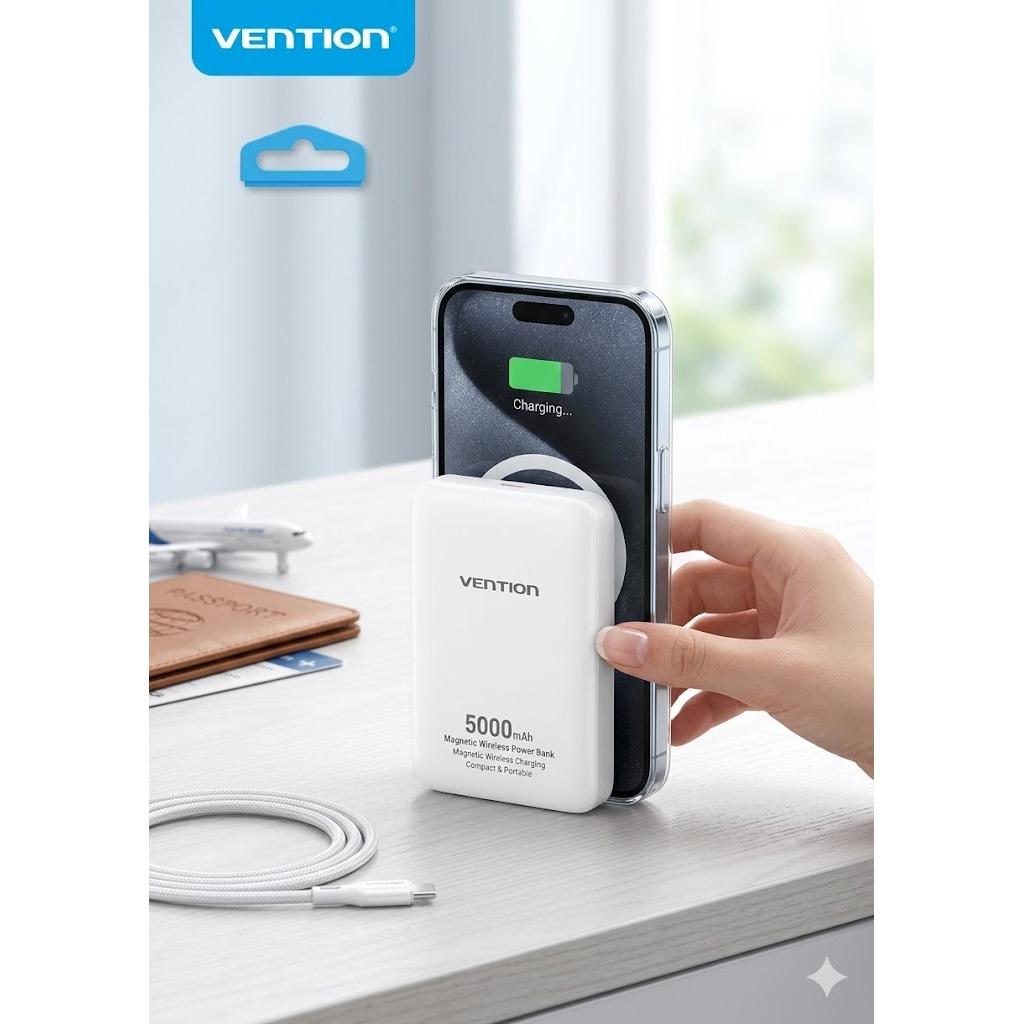 Power Bank Magnética Inalámbrica Vention 5000mAh – Compacta y Portátil con Soporte de Abordaje (Apta para Aviones)