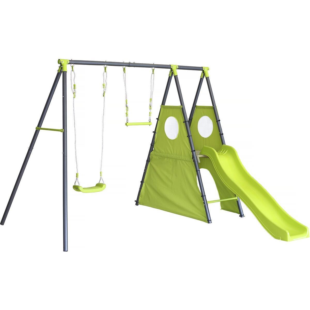 Habitat y Jardin - Estructura de juego metálica "Kylian" con tobogán - 4 aparatos - Verde