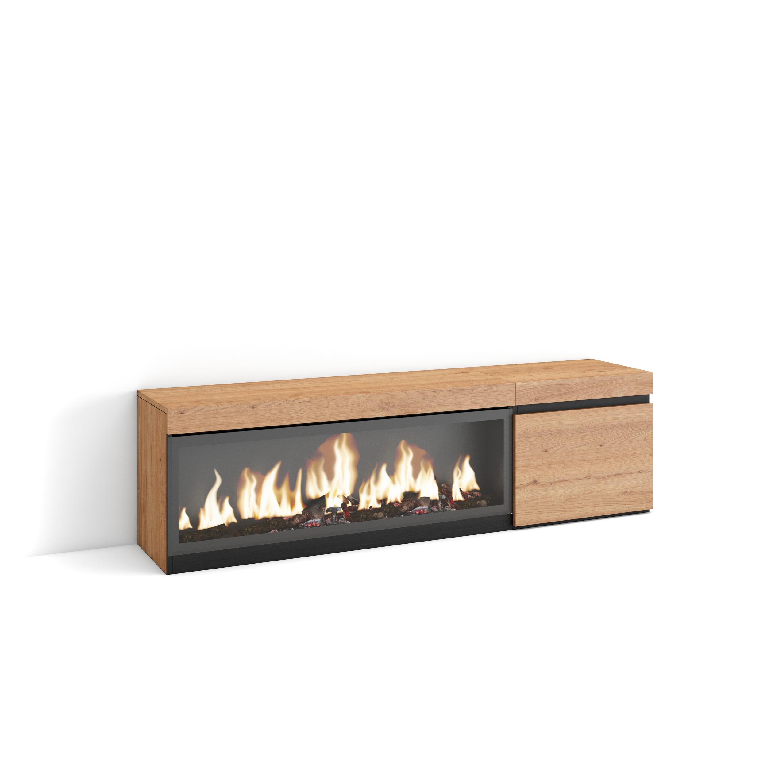 Skraut Home, Mueble Televisión, 158x35x45cm, Fuego Led XXL efecto 3D, Veteado de madera, Tacto poroso de alta calidad