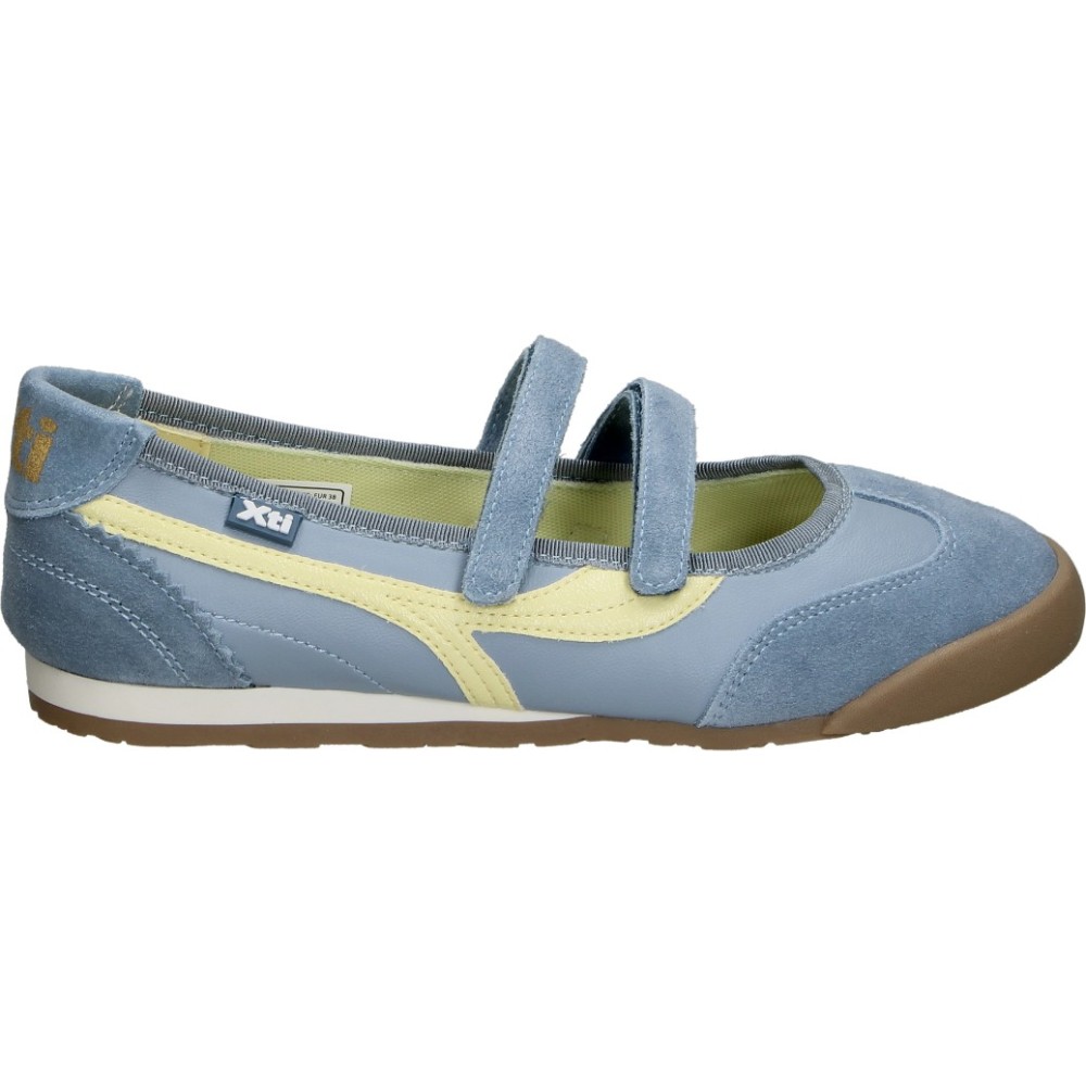 XTI | Zapatillas Planas XTI para Mujer – Bailarina en Color Azul con Detalles en Amarillo – Bailarinas con Doble Cierre de Velcro – Diseño Ergonómico – Cómodas y Versátiles – Moda – Modelo 145220