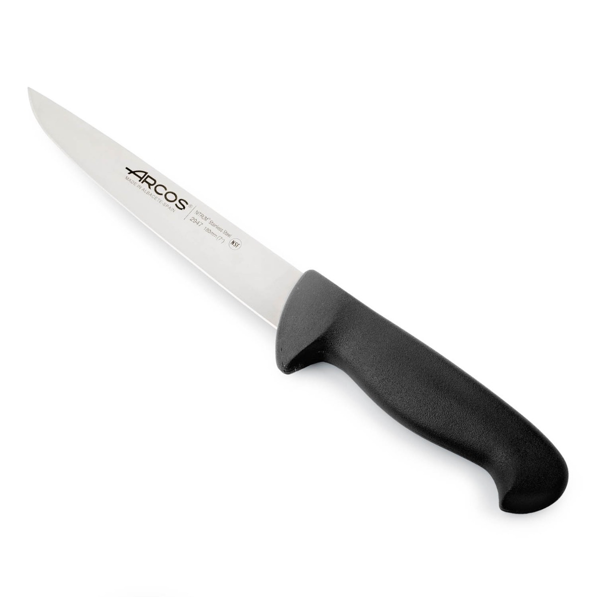 Arcos Cuchillo carnicero con Hoja Acero Inoxidable Nitrum 180 mm. Cuchillo cocina profesional cortar carne, pescado y verduras. Mango ergonómico polioximetileno. Serie 2900. Color negro.