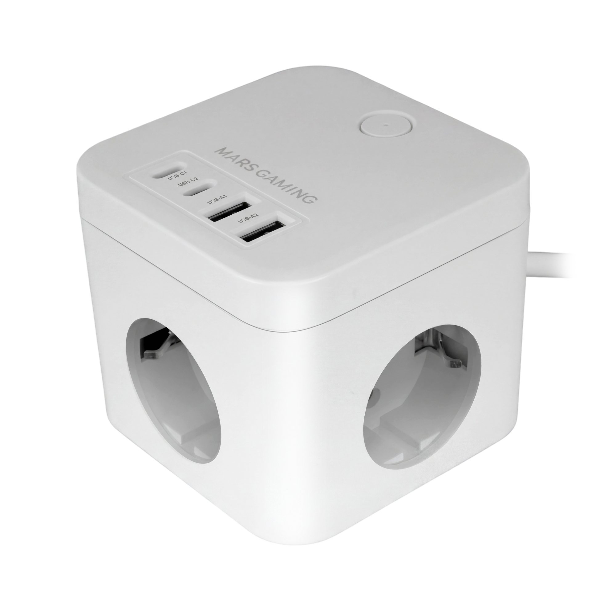 Mars Gaming MD-CUBE35, PowerCube Multifunción Compacto con Cable 1.8m, 3 Enchufes SCHUKO + 2 USB-C + 2 USB-A, Carga Rápida PD 35W, Tecnología GaN, Botón ON/OFF con LED, Enchufe Europeo Tipo F, Negro o Blanco