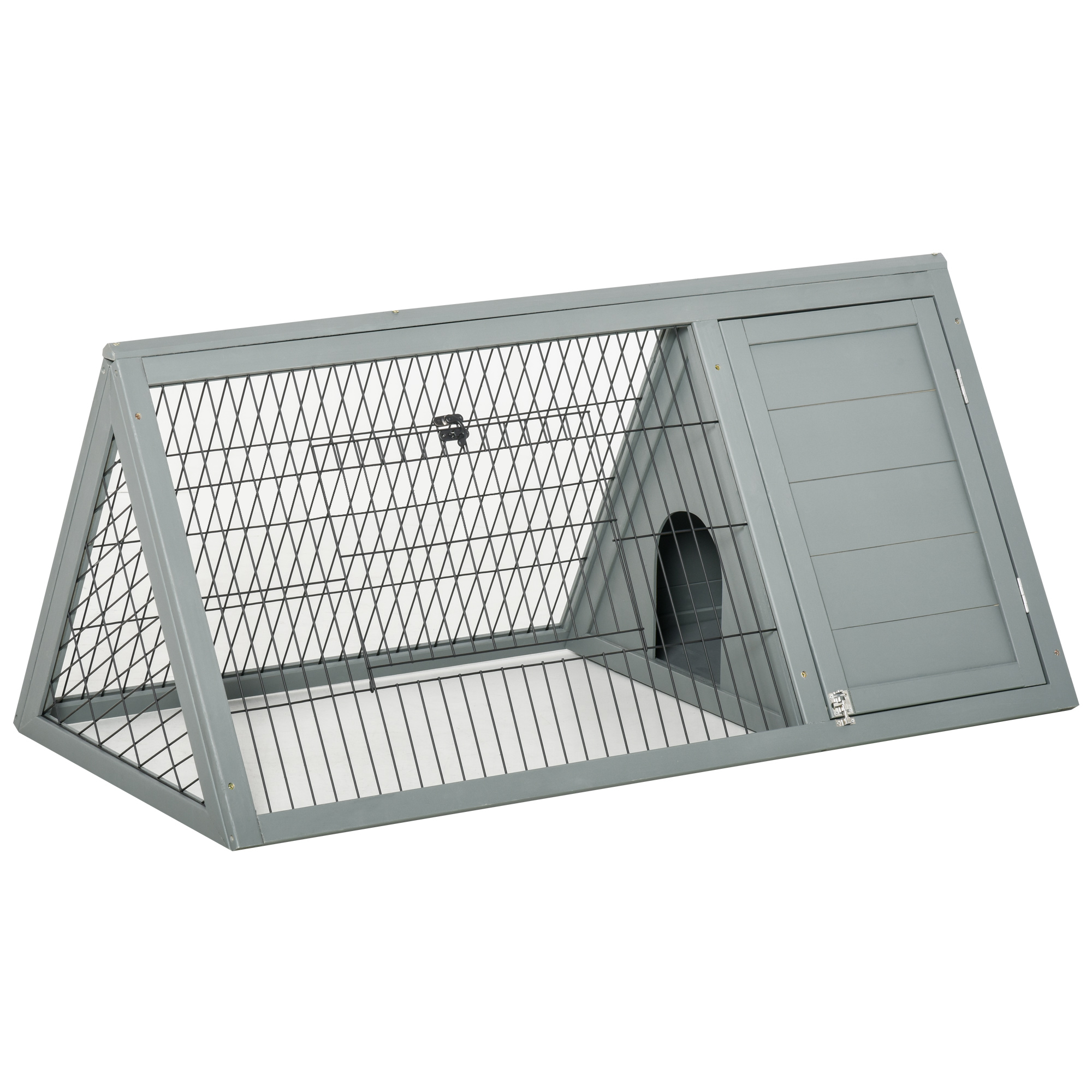 PawHut Conejera de suelo triangular con doble puerta para exteriores, adecuada para conejos, gallinas y tortugas, dimensiones: 116 L x 62,2 W x 52,5 H cm, madera maciza de pino gris
