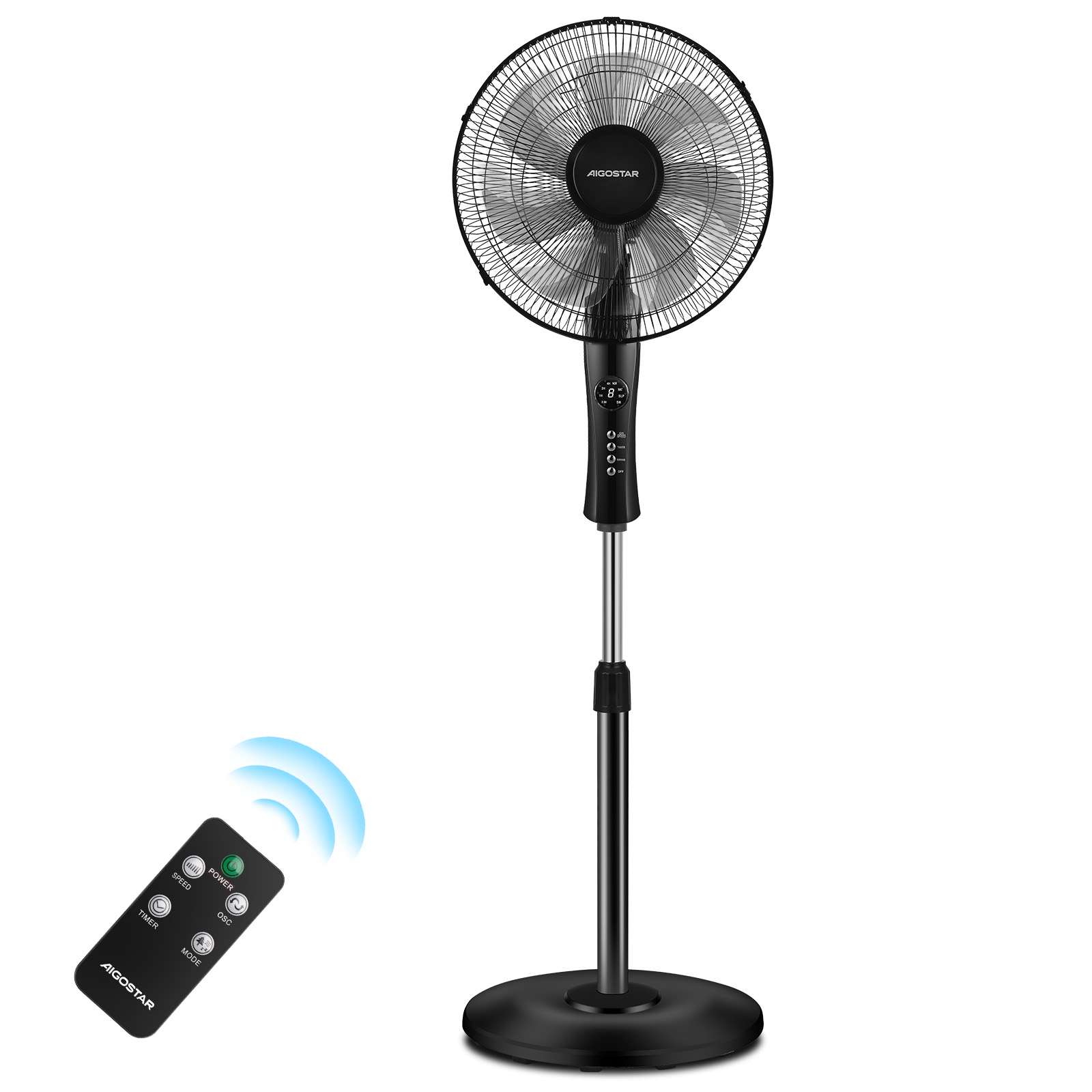Aigostar Ventilador de Pie Silencioso con Mando a Distancia – 7 Aspas, Gran Caudal 2160 m³/h, 3 Modos y 3 Velocidades, Temporizador 7.5h, Oscilación 70°, Altura Ajustable 115-140 cm, 55 W, Negro