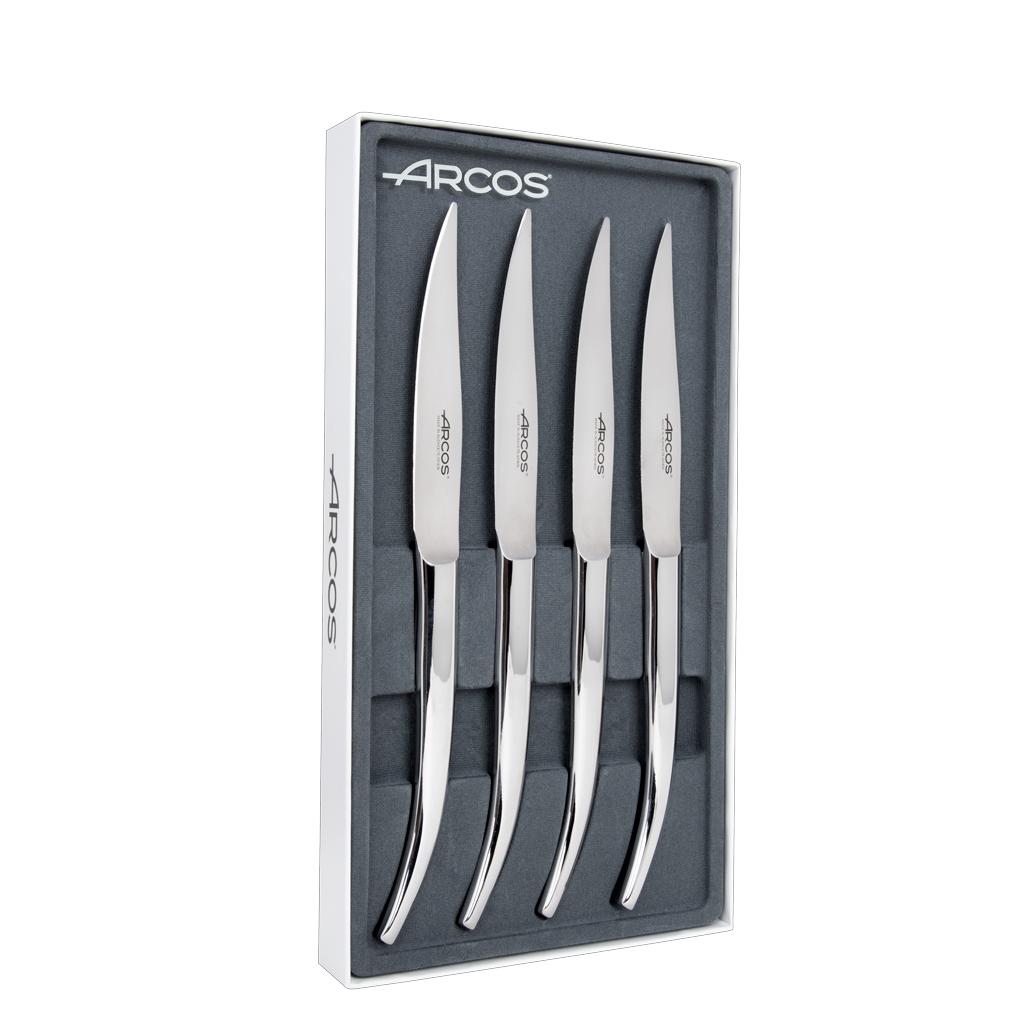 Arcos Serie Cuchillos de Mesa - Set de 4 Cuchillos Chuleteros con Filo Liso - Monoblock de Acero Inoxidable de 110 mm - Cuchillo Monoblock Acero Inoxidable Color plata