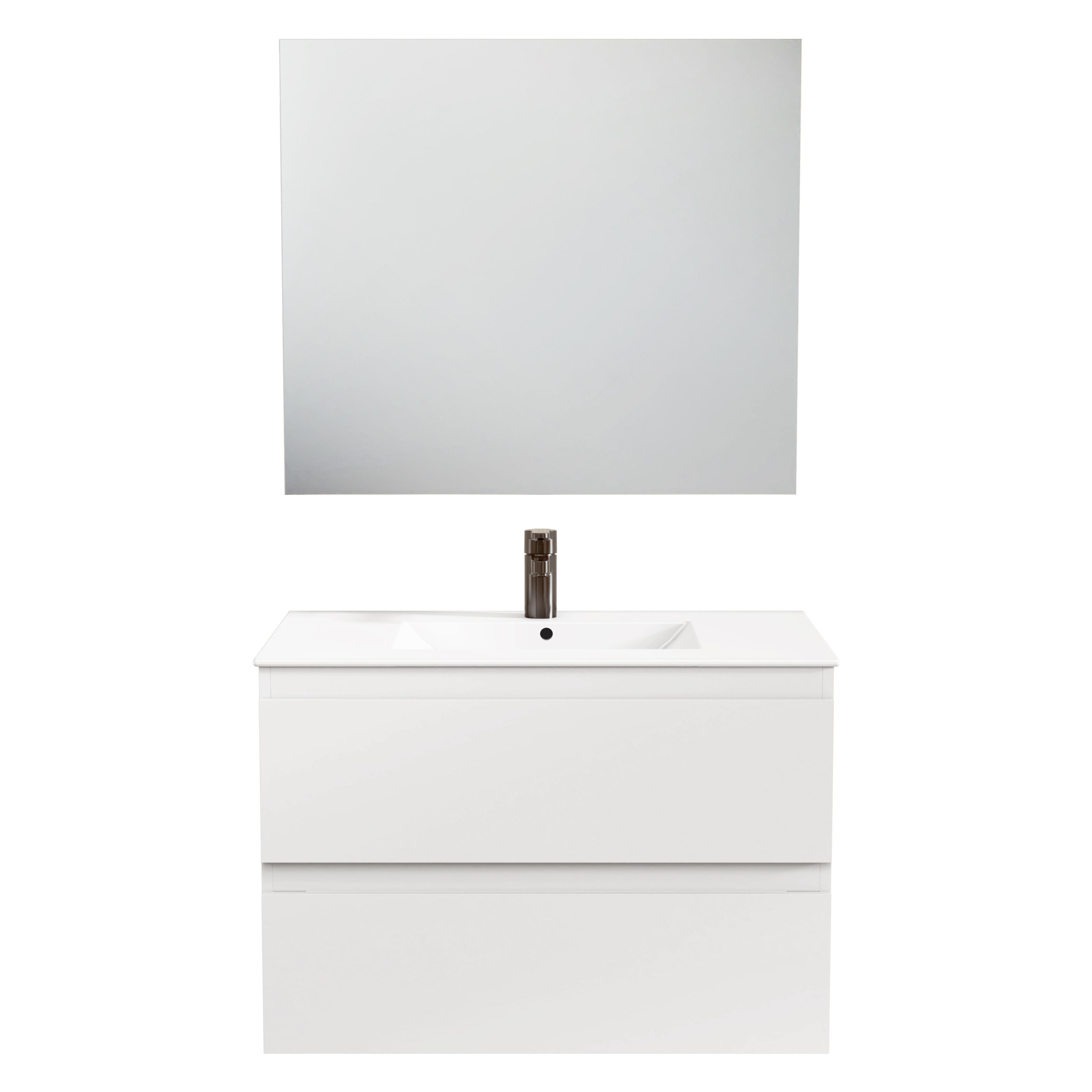 BELLOBATH - Mueble Baño Suspendido con Lavabo de Cerámica con Espejo y 2 Cajones