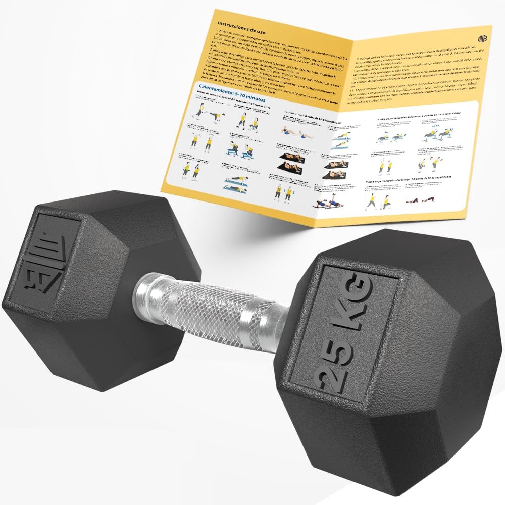 Mancuernas hexagonales de caucho profesional 10 kg, 15 kg, 20 kg, 25 kg y 30 kg - pesas antideslizantes con agarre ergonómico y barra cromada para gimnasio, fitness y musculación. MANIBOOM