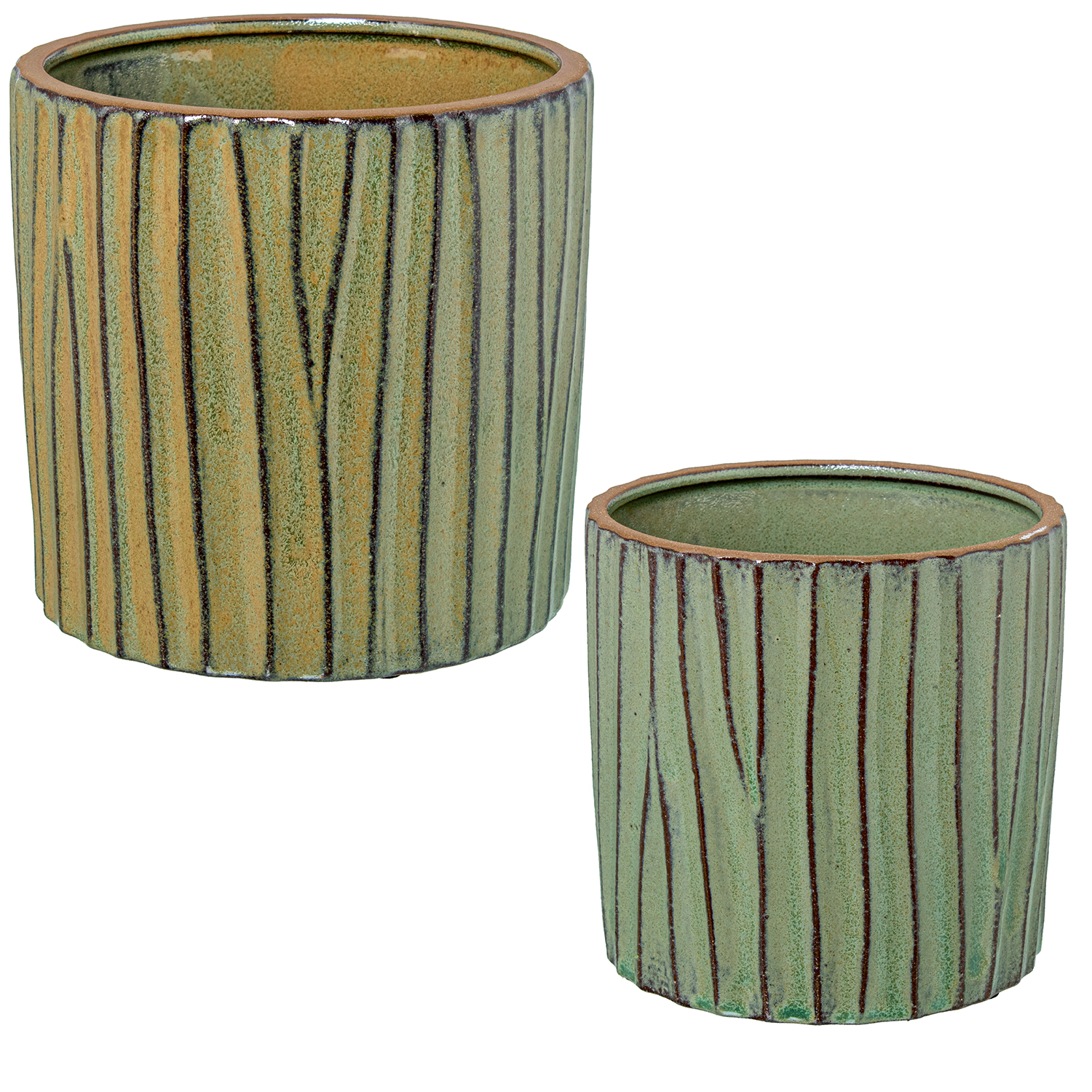 Set 2 maceteros ceramica verdelacado con rayas 18x18 y 15x15cm