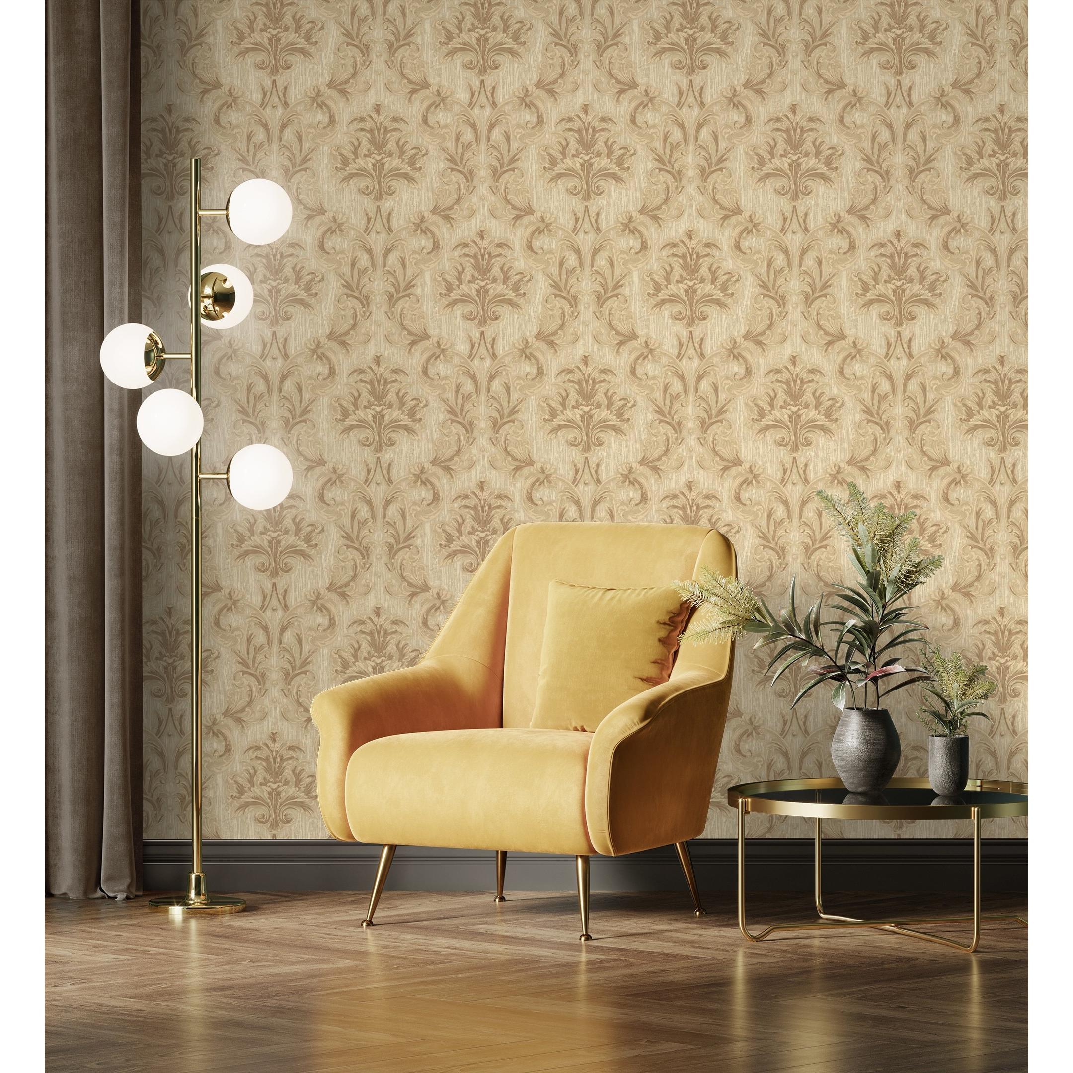 Papel pintado vinílico damasco clásico camel efecto textura de tela tejida en relieve - Bizans Damask 676876 de GAULAN - Rollo de 10 m x 1,06 m
