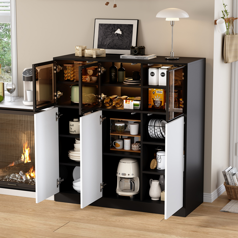 Buffet noir et blanc avec éclairage LED, 3 portes vitrées et 3 portes blanches