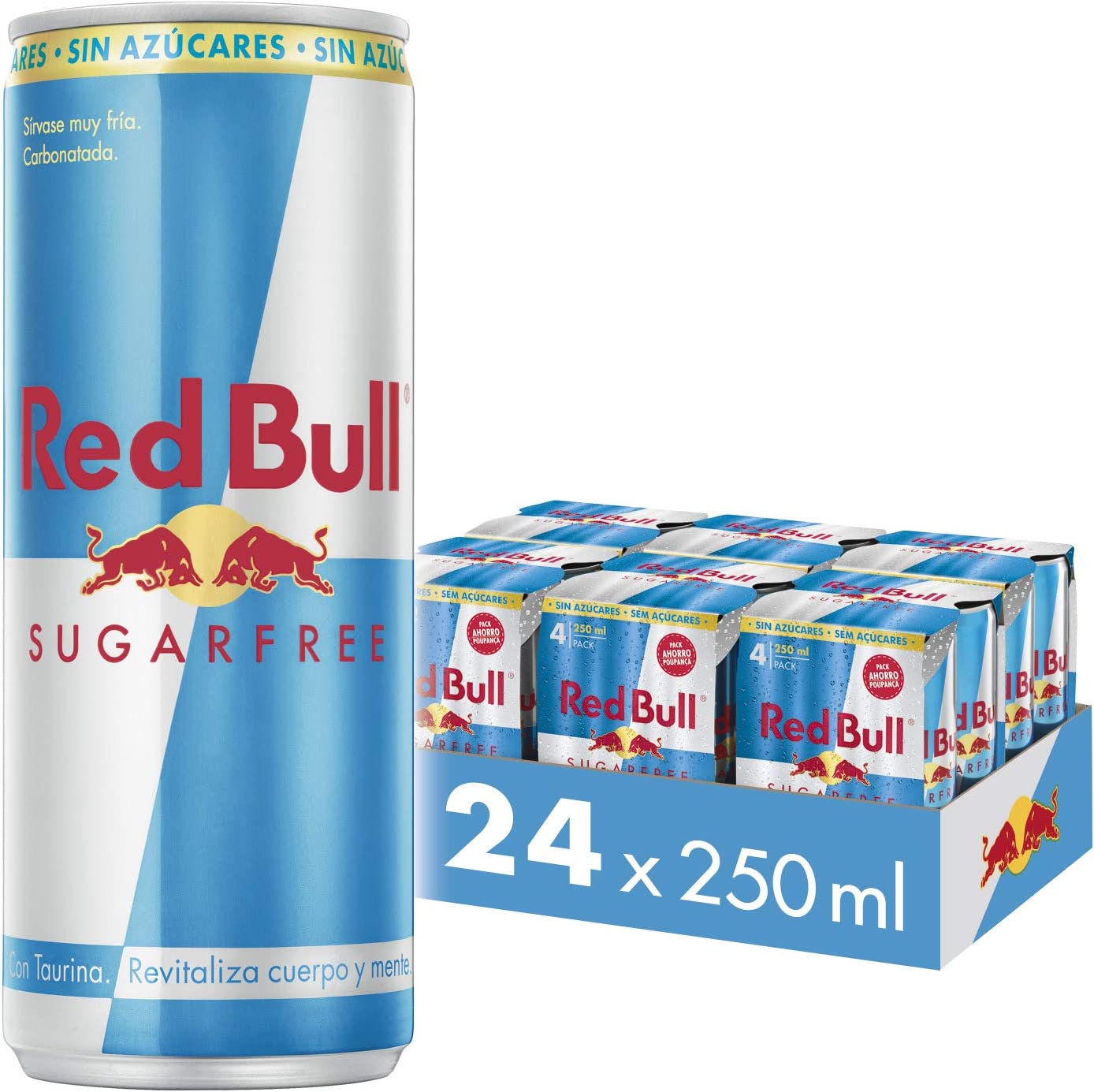 Caja de Red Bull Bebida Energética. Elige tu tamaño. 12 / 24 unidades. Con azúcar / Sin azúcar. Revitaliza Cuerpo y Mente. Te da alas cuando las necesitas. Red Bull Energy Drink contiene una combinación única de ingredientes de alta calidad.