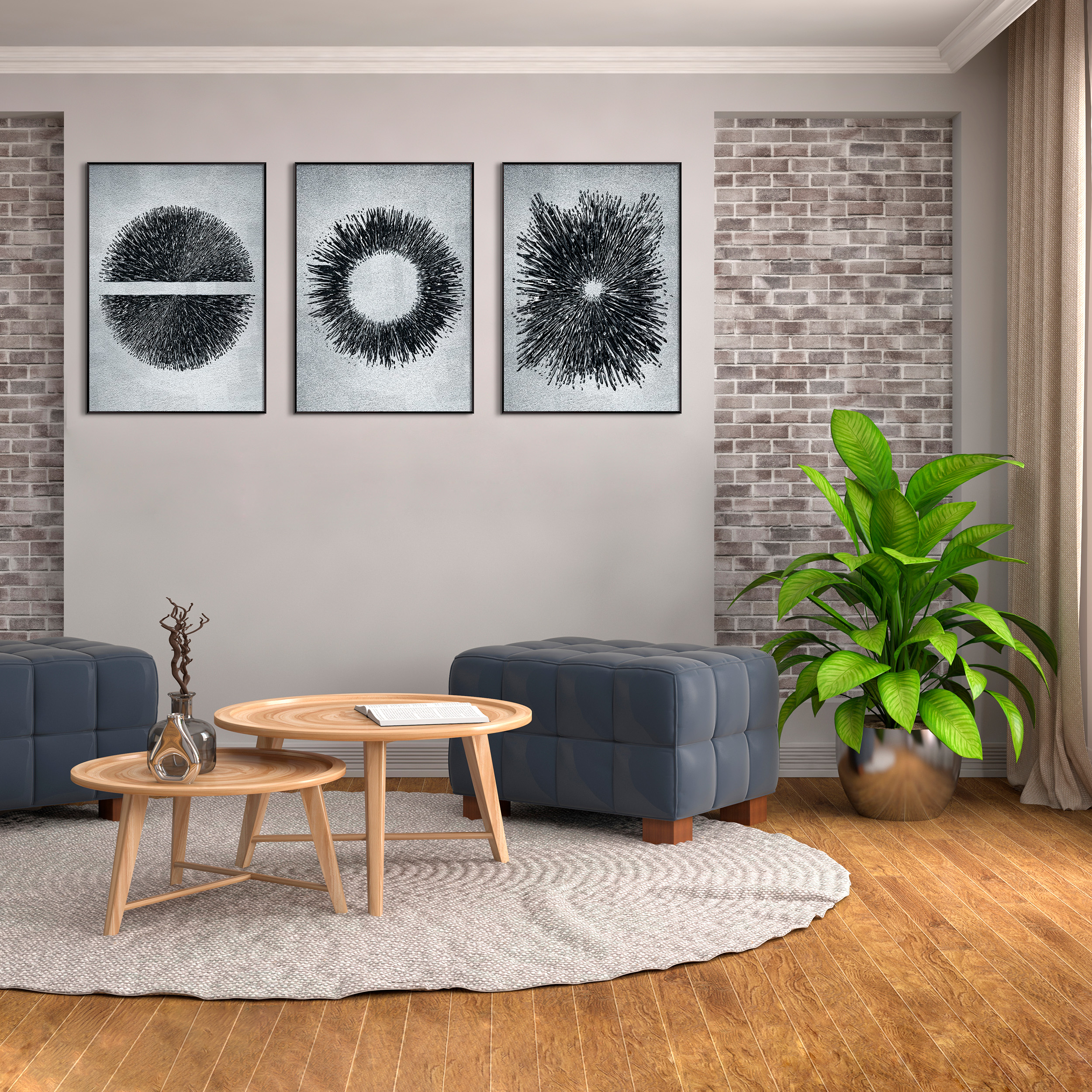 DekoArte - Cuadros decoracion salon modernos CIRCULOS EFECTO RELIEVE 50x70  cm x3 piezas - Cuadros con marco negro incluido