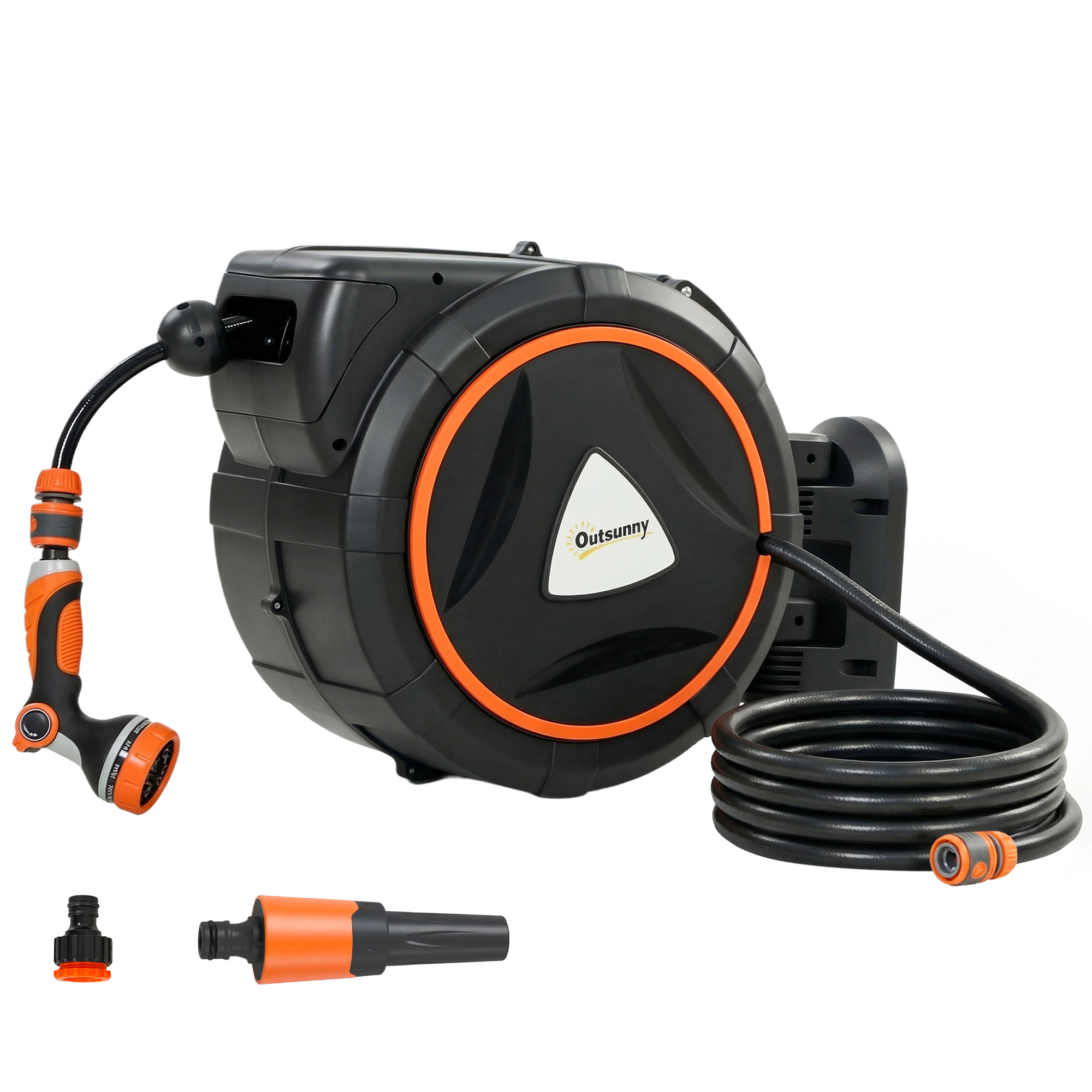 Outsunny Enrollador de Manguera para Jardín con 12 Modos de Rociado, Carrete de Manguera de Jardín de Pared con Bloqueo Automático y Retracción Controlada, Soporte Orientable 180°, Naranja