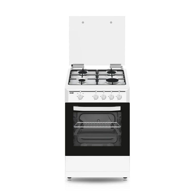 Svan - Cocina a gas de libre instalación SKG4501, 50 cm, 4 quemadores butano y horno a gas de 43 L con grill y sistema Safe Shut, color blanco, ideal para cocinas modernas compactas