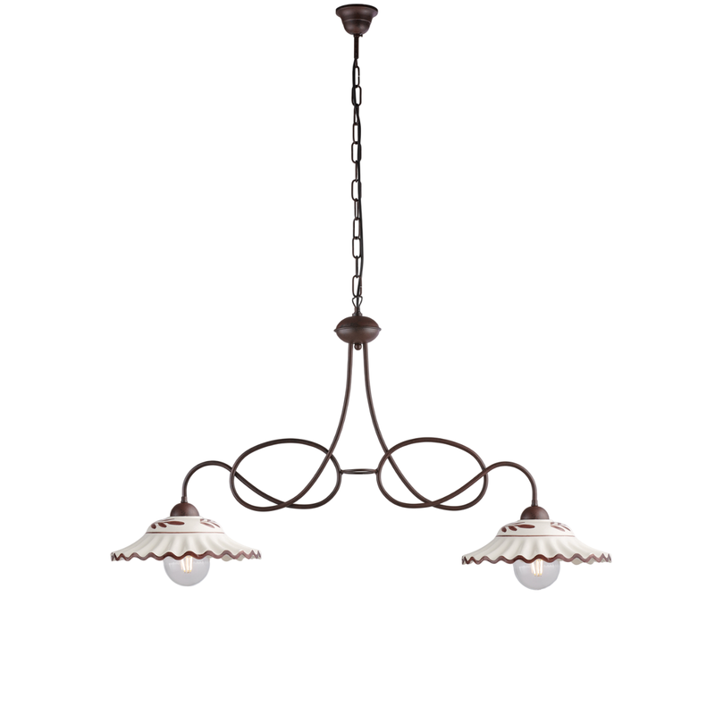 Lámpara de araña Bistrot en hierro lacado en negro y decoraciones. Efecto óxido con difusores cerámicos d. 30 blanco y marrón 2 luces L. 98 X 30 - Belight