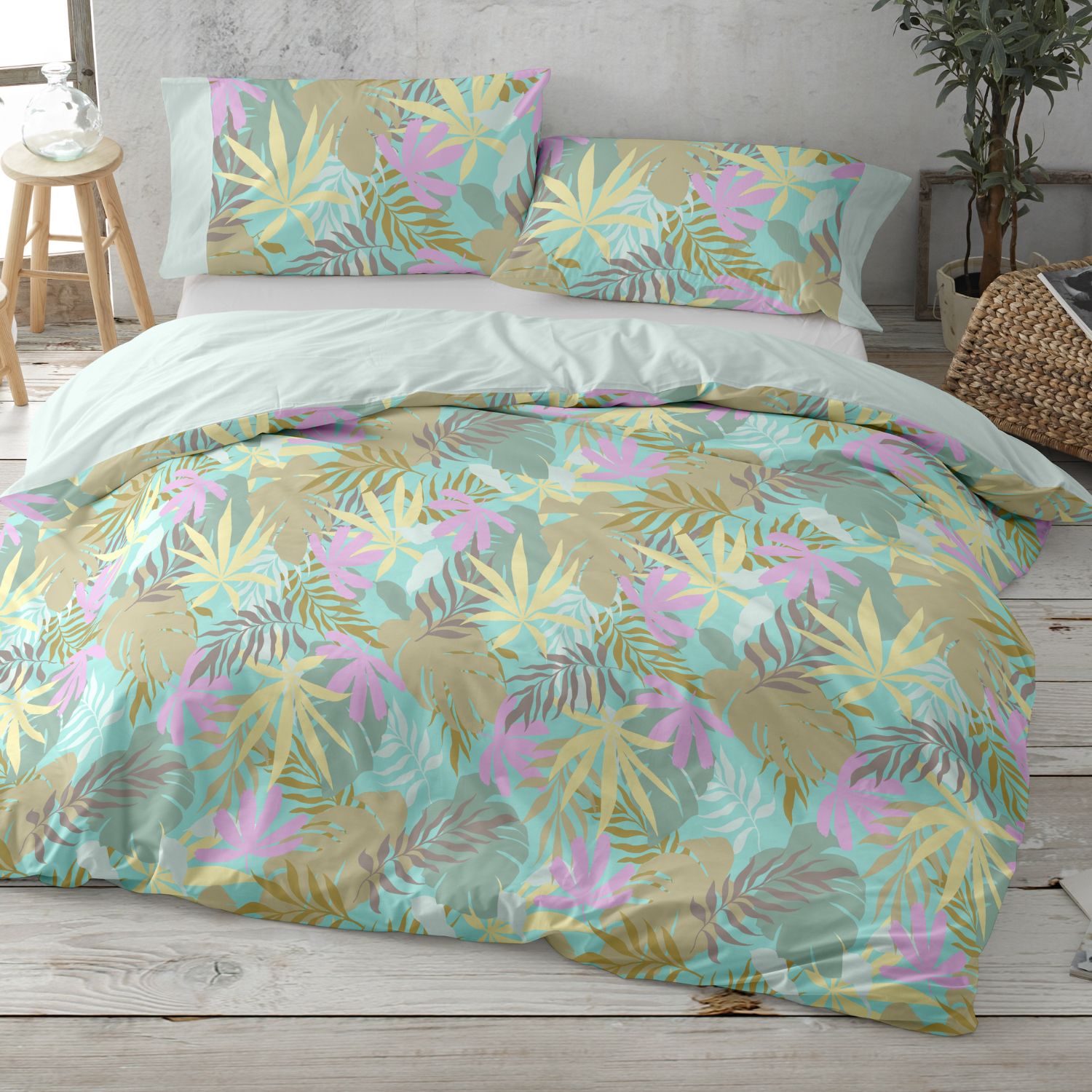 Funda Nórdica Tropical Juvenil | Diseño Moderno Hojas | Todas las Medidas + Tote Bag GRATIS | Tacto Suave Sin Plancha