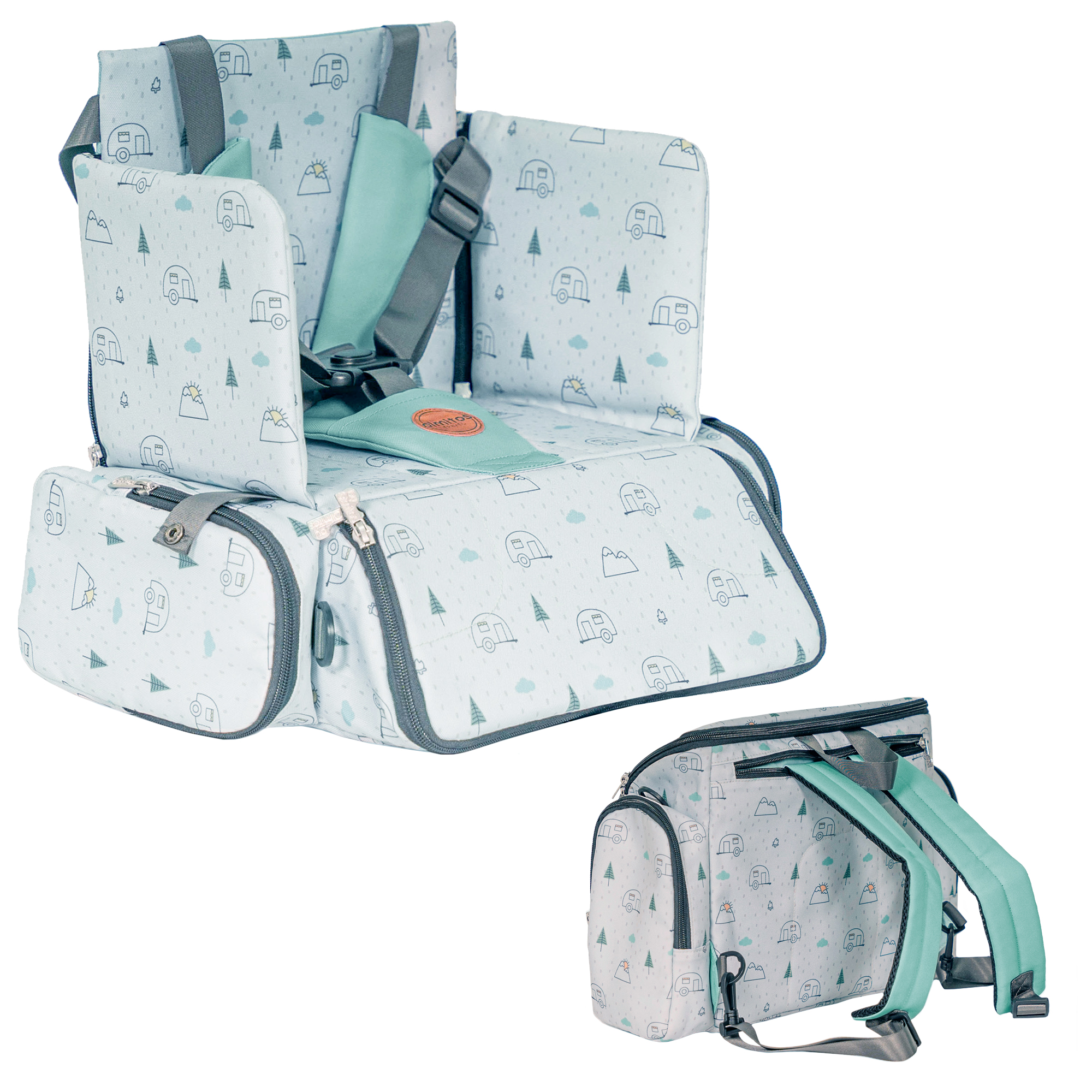 Olmitos - Asiento Elevador para Bebé 3 en 1: Asiento, mochila y bandolera -Universal Correas Ajustable - Montaje Rápido - Bolsillos Prácticos - Compacto para Viajes - Universal con Correas Ajustables - arnés 5 puntos