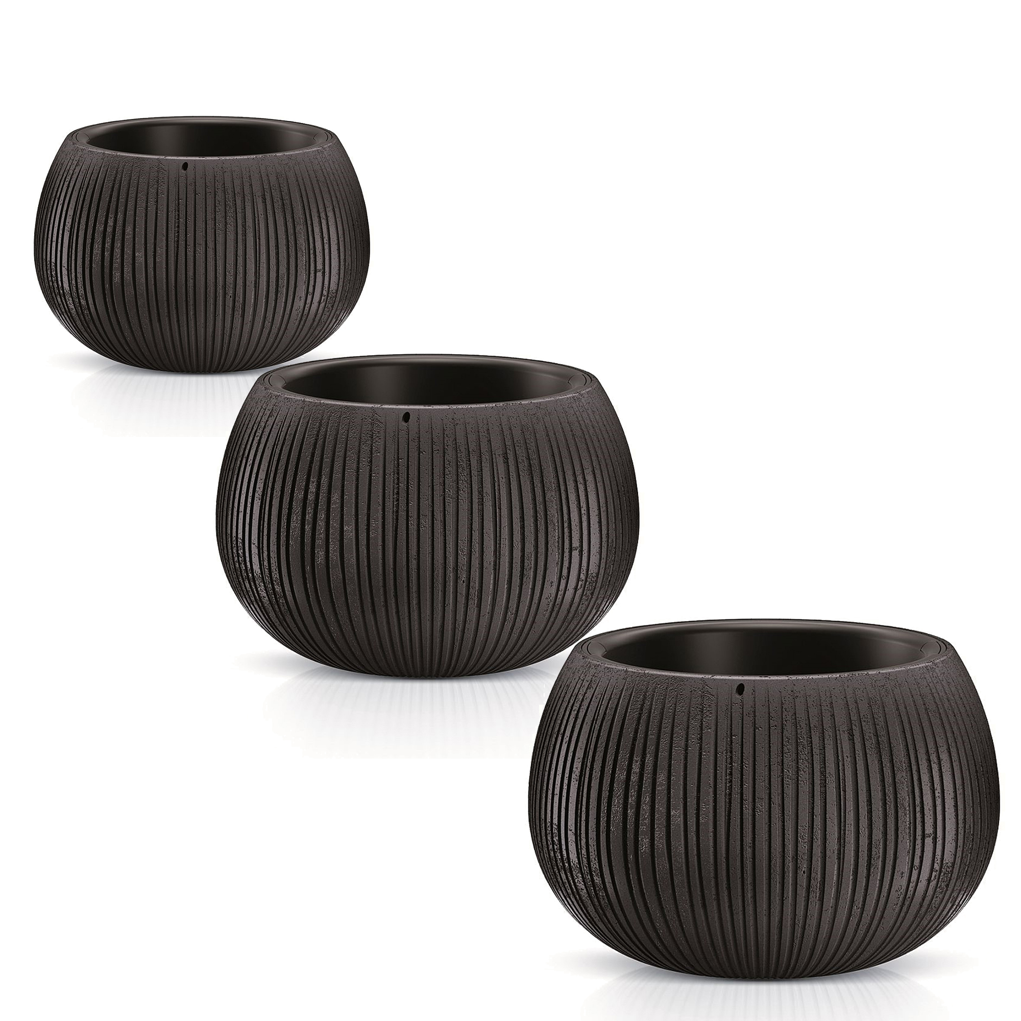 Wellhome Pack 3 Macetas PROSPERPLAST BETON BOWL de Plástico con Depósito en Color Cemento Negro para Decoración de Interiores y Exteriores