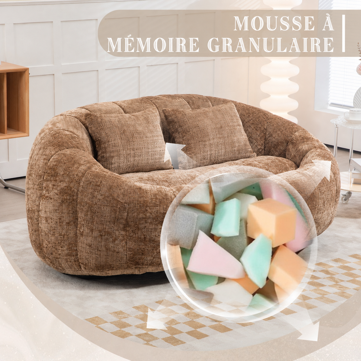 Fauteuil lounge couleur café en chenille, pouf canapé paresseux avec rembourrage en mousse haute densité