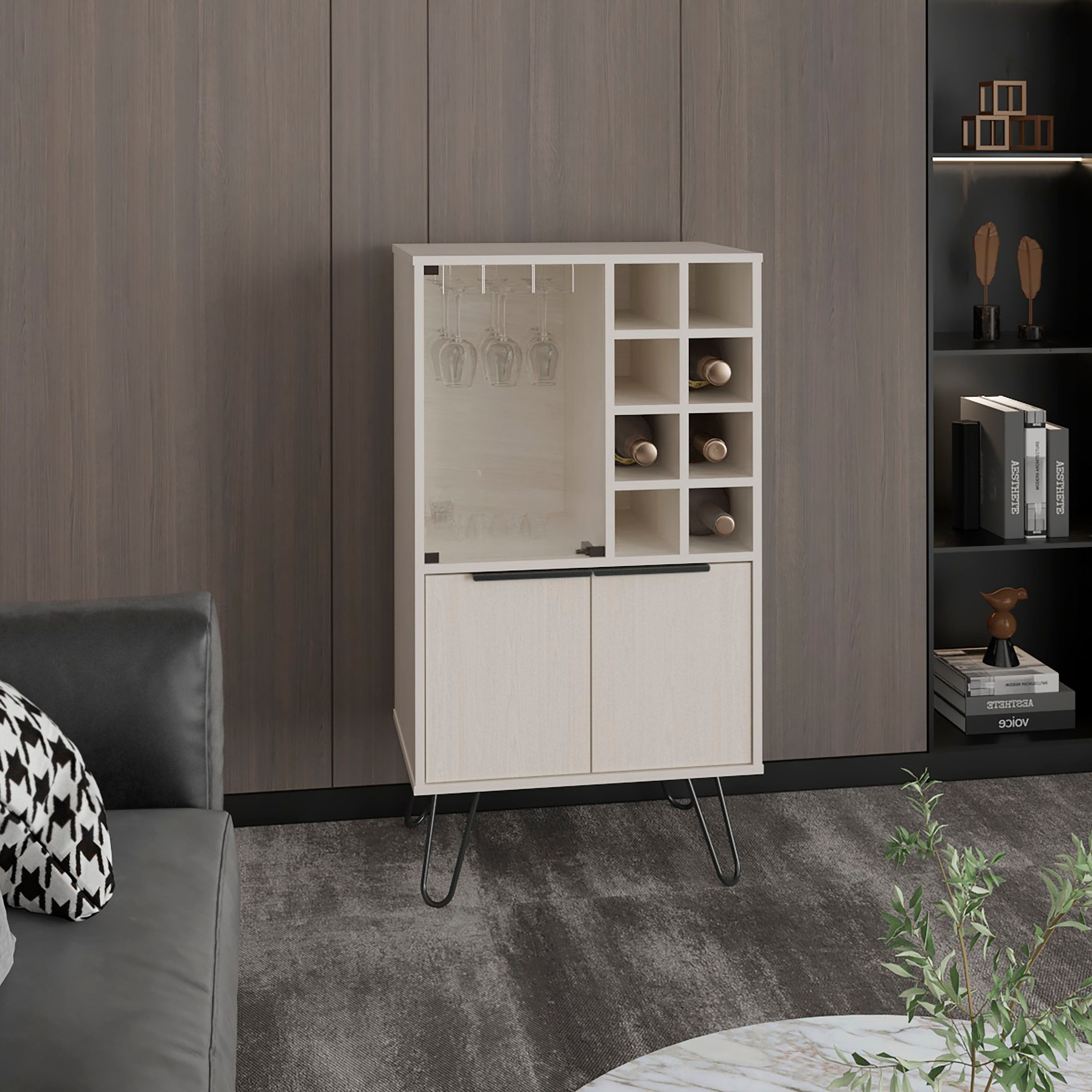 TUHOME Mueble bar aster en melamina con 8 botelleros, 9 portacopas y almacenamiento inferior , Blanco , 109.4 cm  X 59.6 cm  X 40 cm