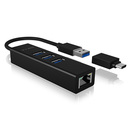 ICY BOX | IB-HUB1419-LAN | Concentrador de 3 puertos | IEEE 802.3, IEEE 802.3u, IEEE 802.1Q, IEEE 802.1p, IEEE 802.3x, USB 3.0, IEEE 802.3az, USB 3.2 Gen 1