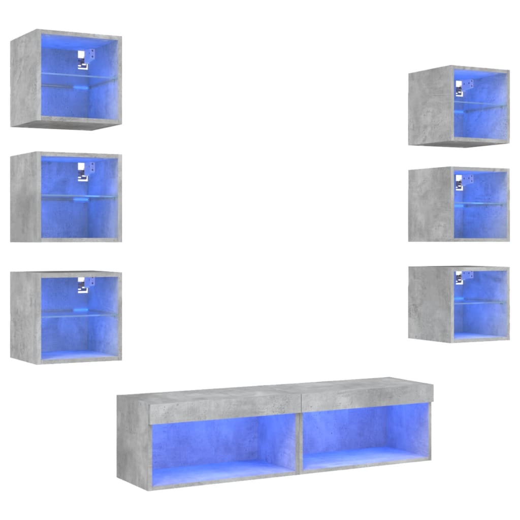 vidaXL Muebles TV pared con LED 8 pzas madera ingeniería gris hormigón