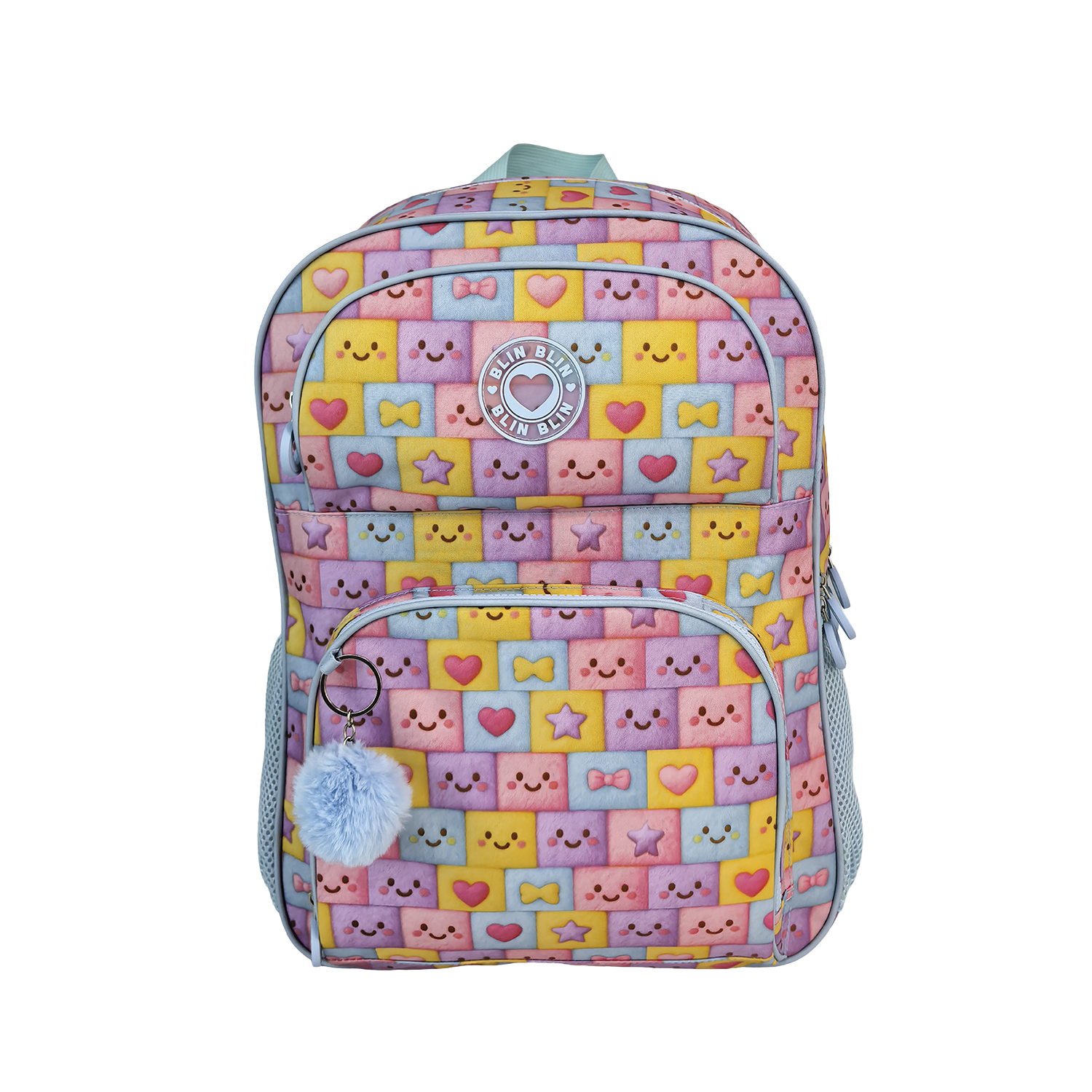Mochila Primaria Blin Blin Faces doble compartimento, de gran capacidad y adaptable a carro. Con accesorio pom pom.