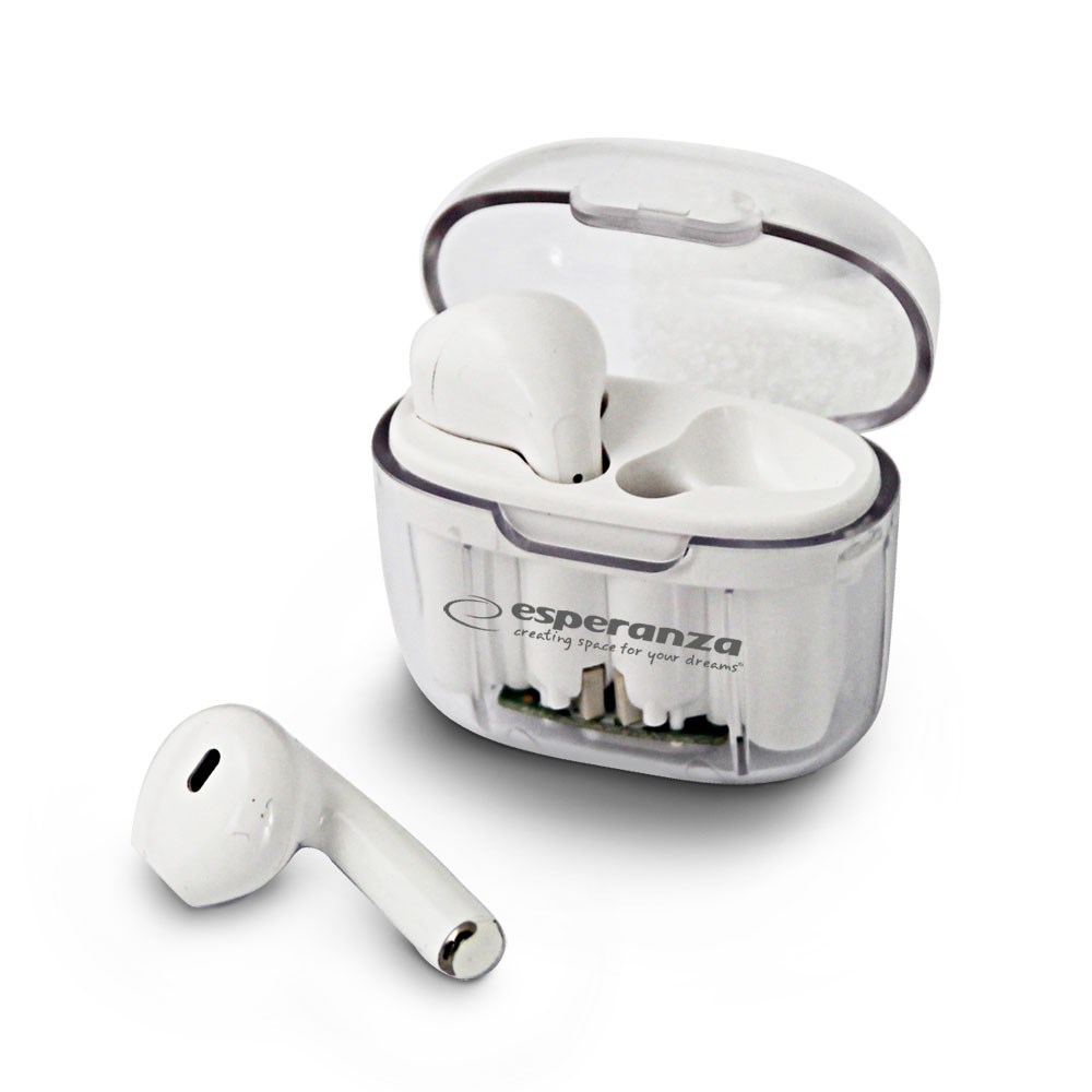 Esperanza EH237W Bluetooth 5.3 Wireless In-Ear Earphones, White, with Integrated Battery, 4h Talk Time, 3h Playback, and 10m Range - Ideal for Travel and Leisure, Noise Cancelling Feature, Compatible with USB C Charging.