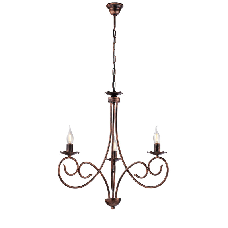 Alma - Lámpara de araña de hierro lacado en negro con decoración. Lámpara de cobre antiguo de 3 luces, 120 cm, Ø50 cm, BL130-3-NR - Belight
