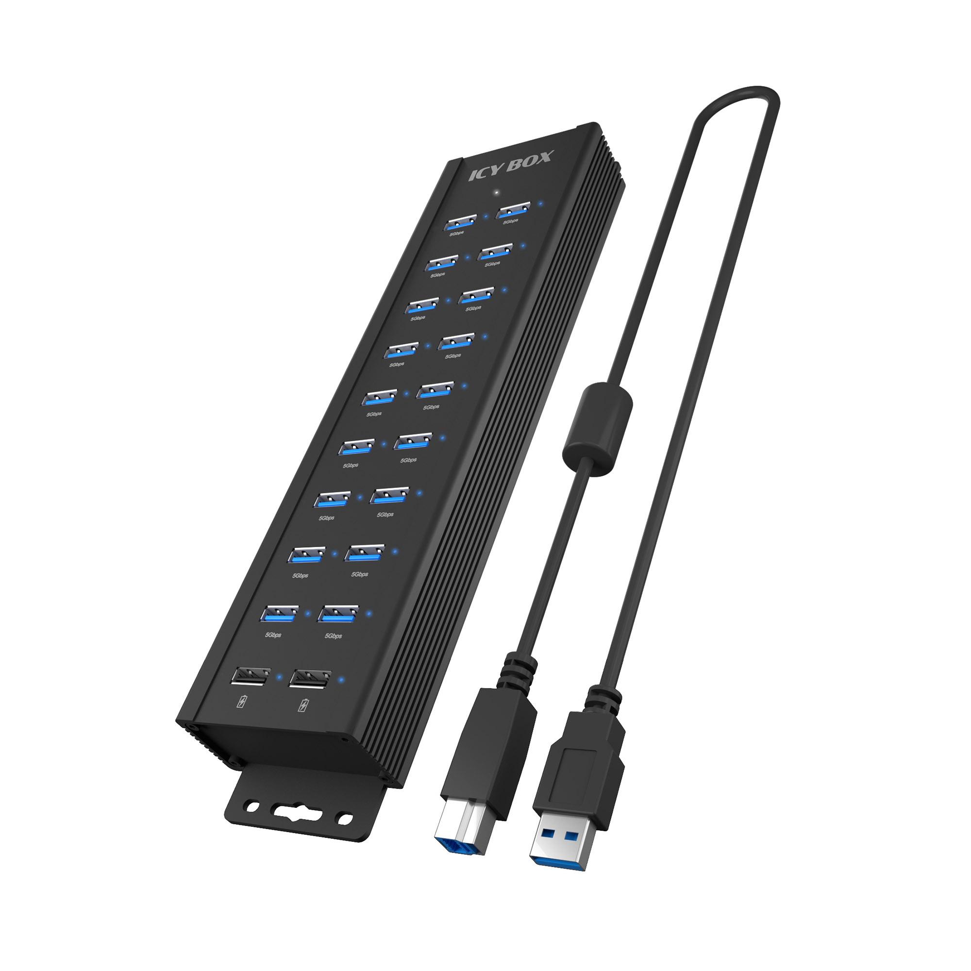 Raidsonic | Concentrador USB 20 en 1 con fuente de alimentación, botón de encendido/apagado y soportes de montaje | IB-HUB1720-U3