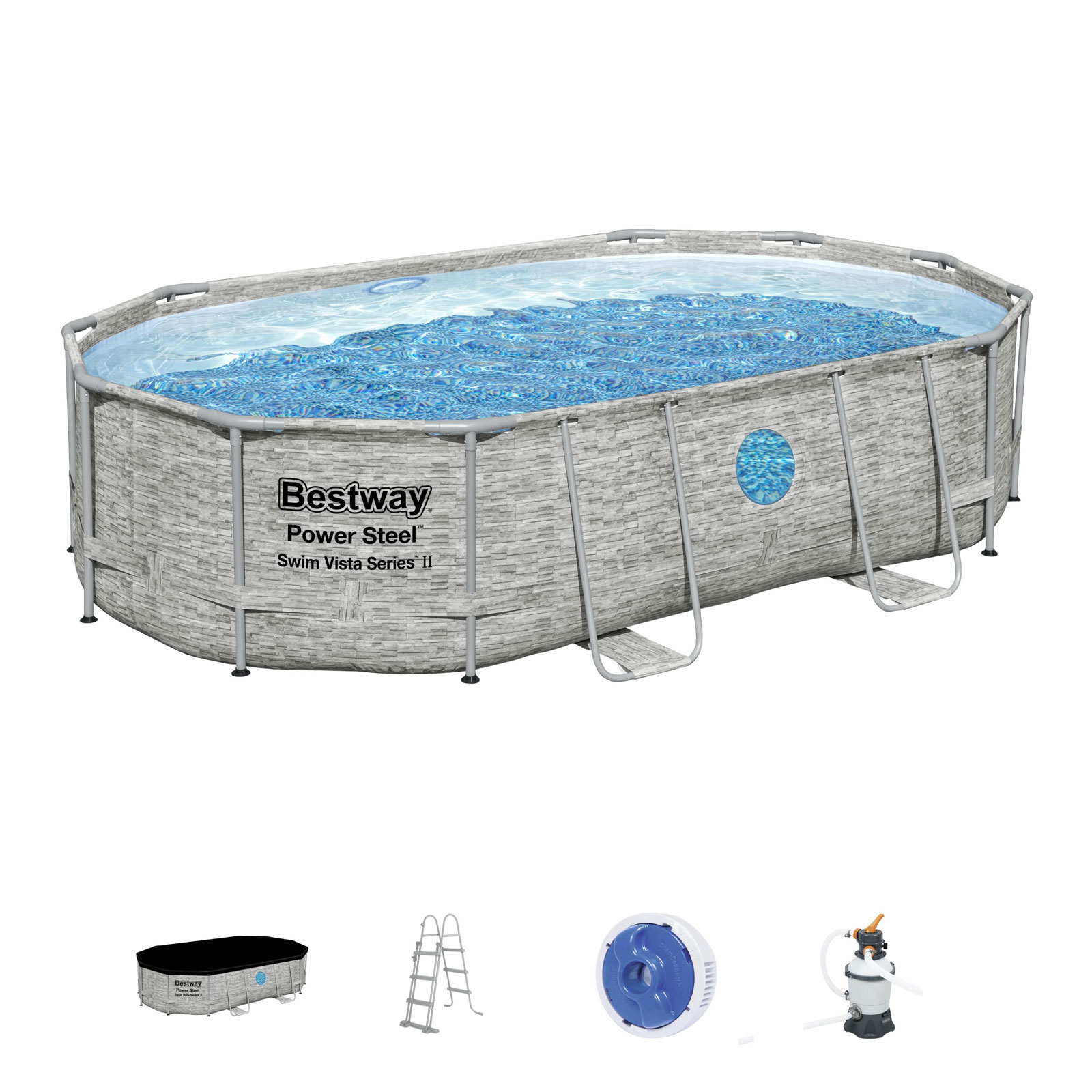 Piscina Desmontable Tubular Bestway Power Steel Diseño Piedra 488x305x107 Cm Depuradora Arena 3.028 L/H Cobertor y Escalera - Fácil Instalación