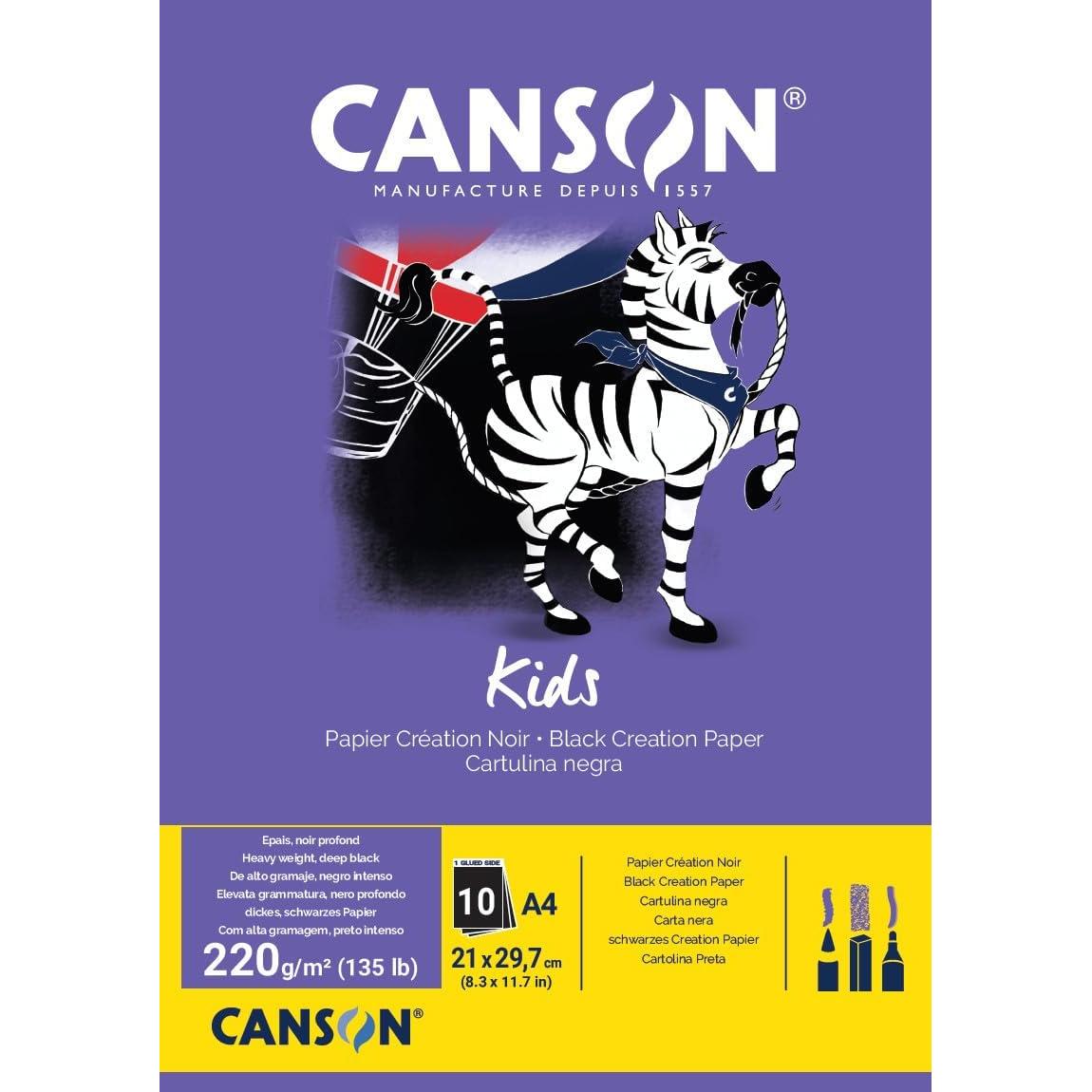 Canson Kids, Papel de dibujo negro, Doble cara: Granulada y lisa, 220g, Encolados por el lado corto, A4-21x29,7cm, Negro, 10 Hojas