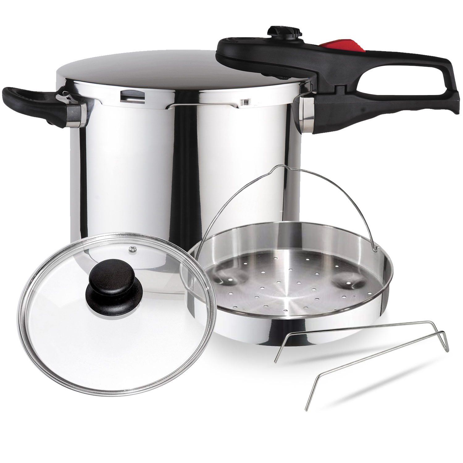 Magefesa Practika Plus - Pack Exclusivo Olla Express Rápida + Cestillo Vaporera + Tapa de Cristal , Acero Inoxidable 18/10, Sensor de Presión, Inducción