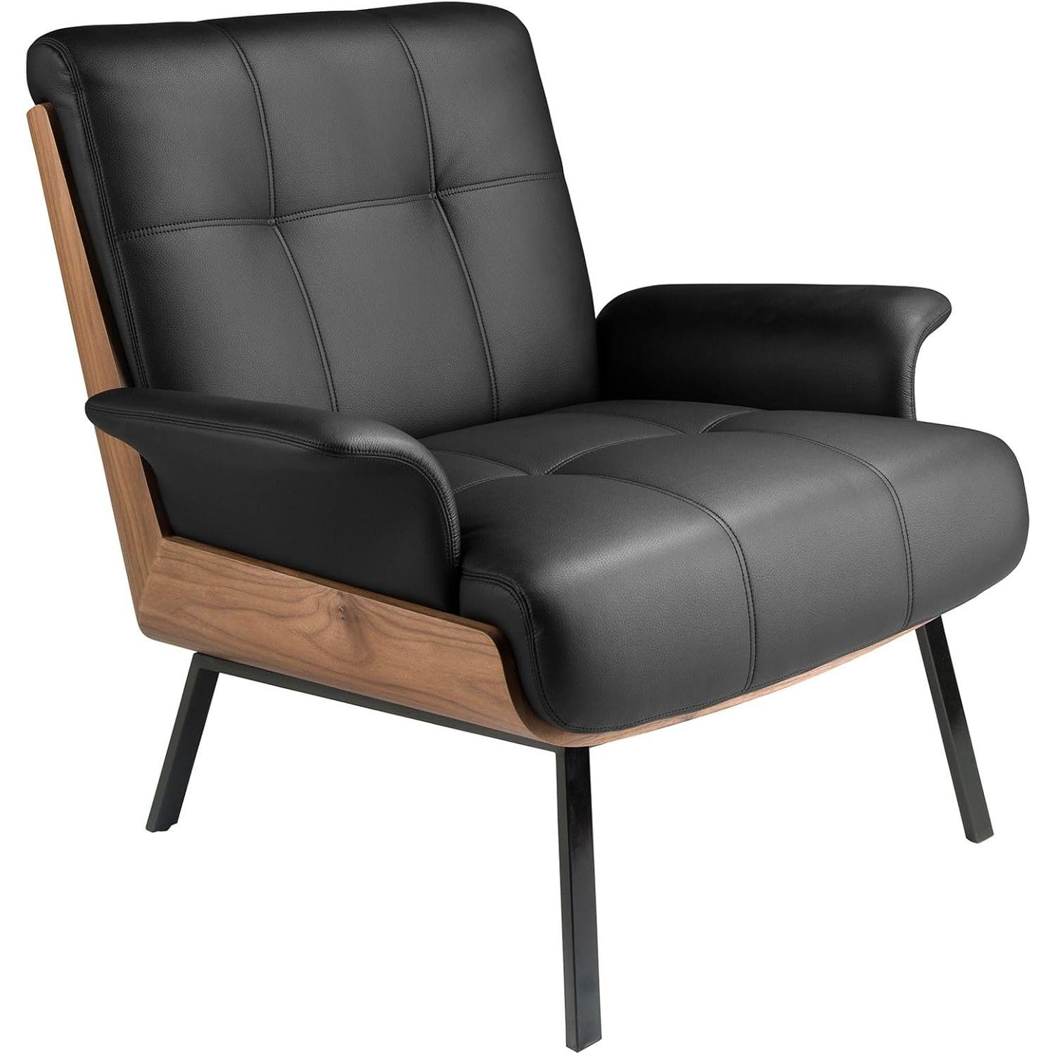 ANGEL CERDÁ - Sillón de Polipiel Negro con Detalles en Madera Nogal - Diseño con Patas Finas y Estilizadas - Sillón de Diseño Moderno con Patas de Acero Negro - Perfecto para Salón o Habitación - 90 x 87 x 82 cm