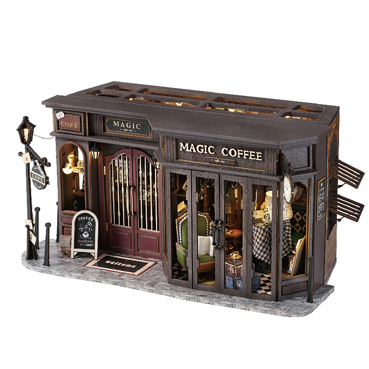 DAM. Cafetería Antigua. Maqueta 3D realista con gran detalle y luces led. 29x14x15cm.