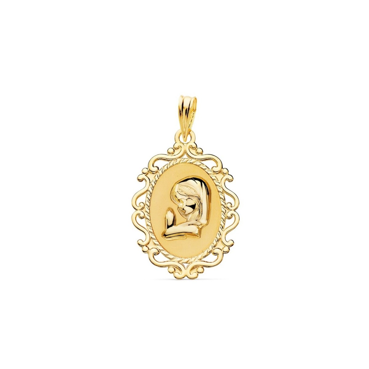 Virgen Niña medalla oro 18k Primera Comunión colgante 23 mm. borde detalles formas combinadas
