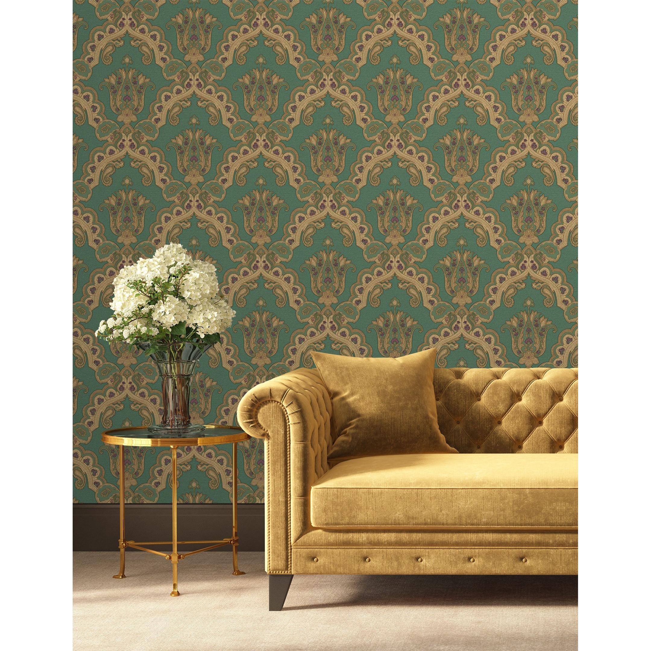 Papel pintado vinílico de damasco hindú efecto textura de tela tejida en relieve - Alexander Damask 676435 de GAULAN - Rollo de 10 m x 1,06 m